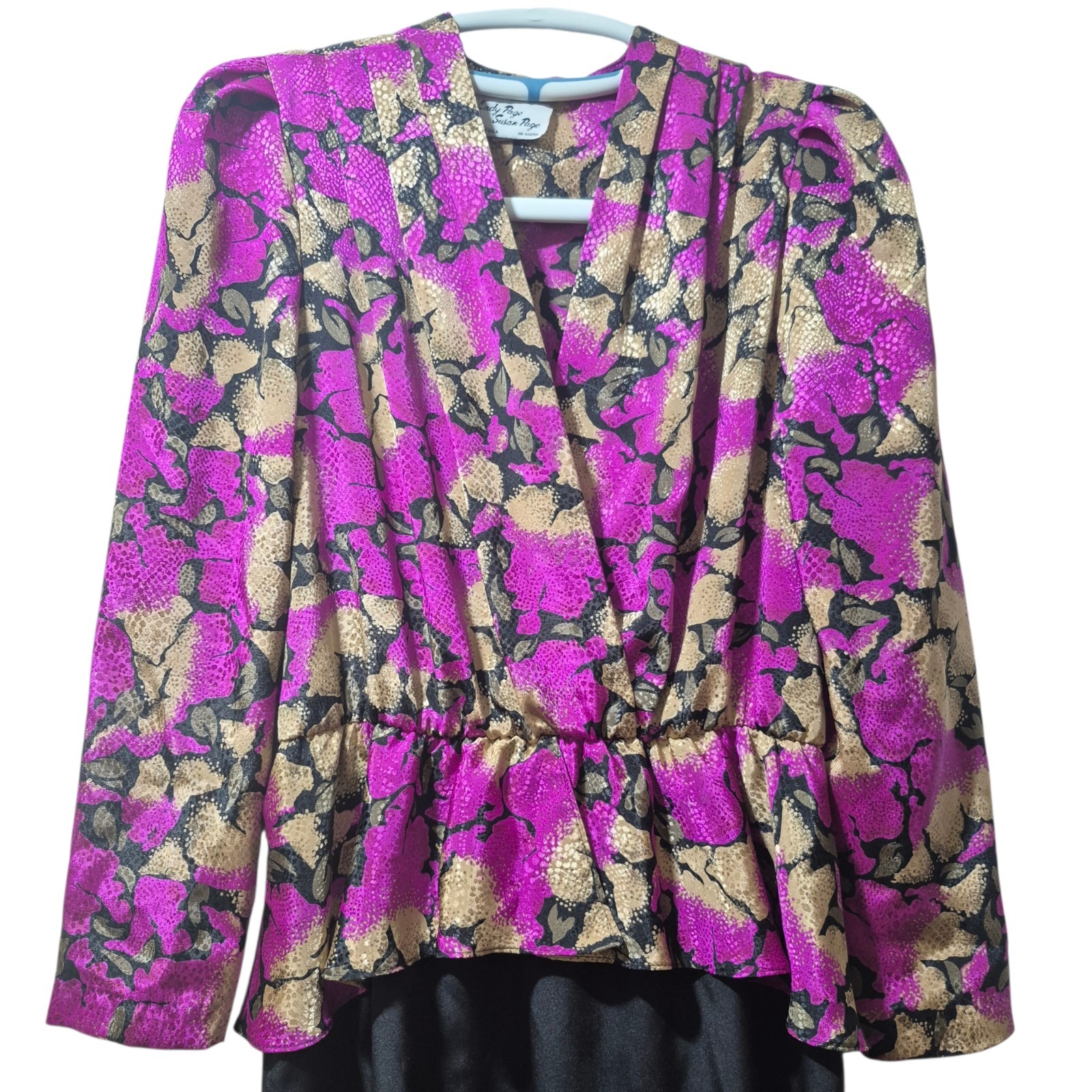Vintage Satin Floral Crossover V-neck Puff Sleeves Peplum Pink/Multi Dress 12