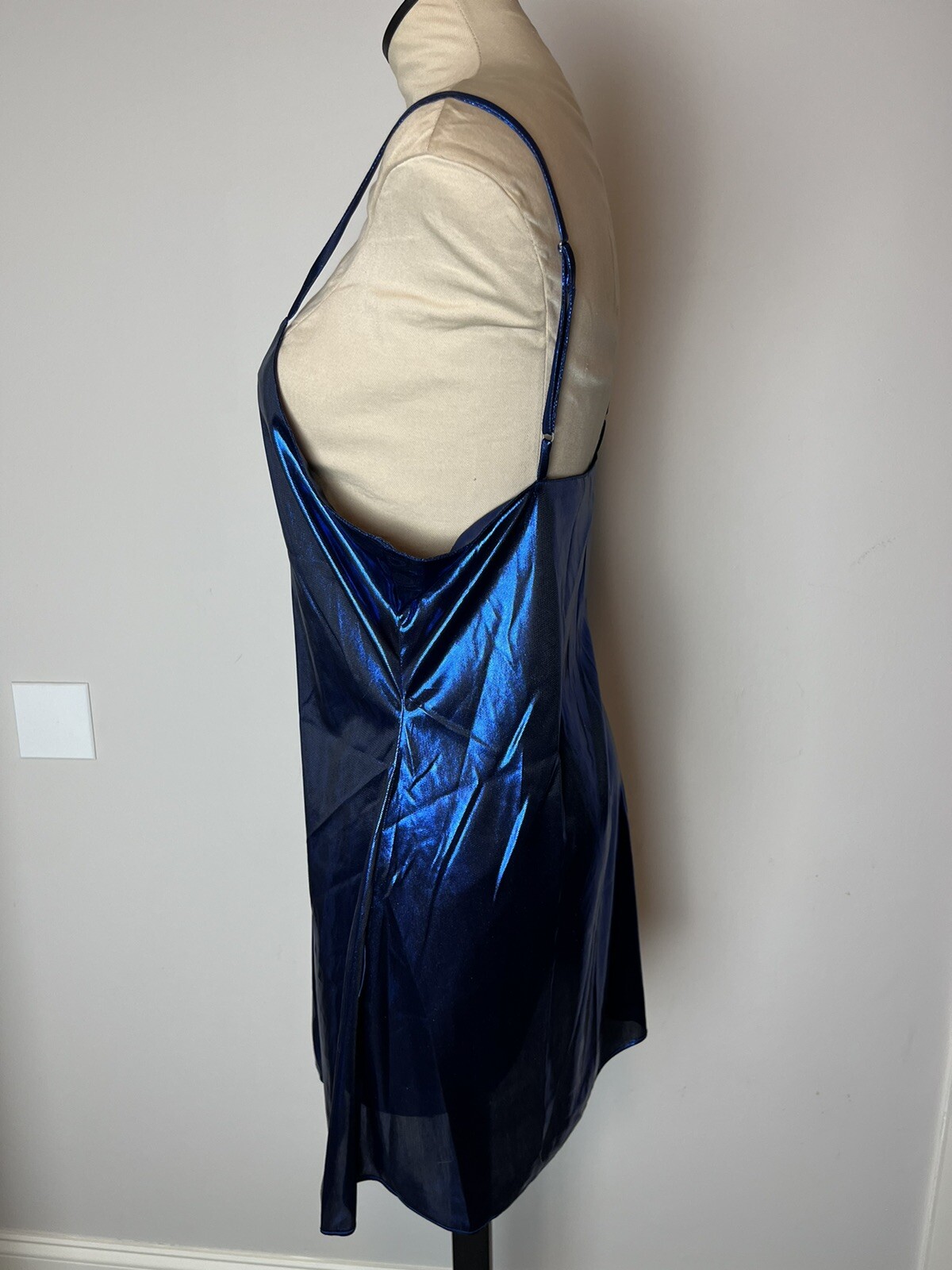 Vintage Intimo Chemise Dress Medium Blue Liquid Metal Metallic V Neck