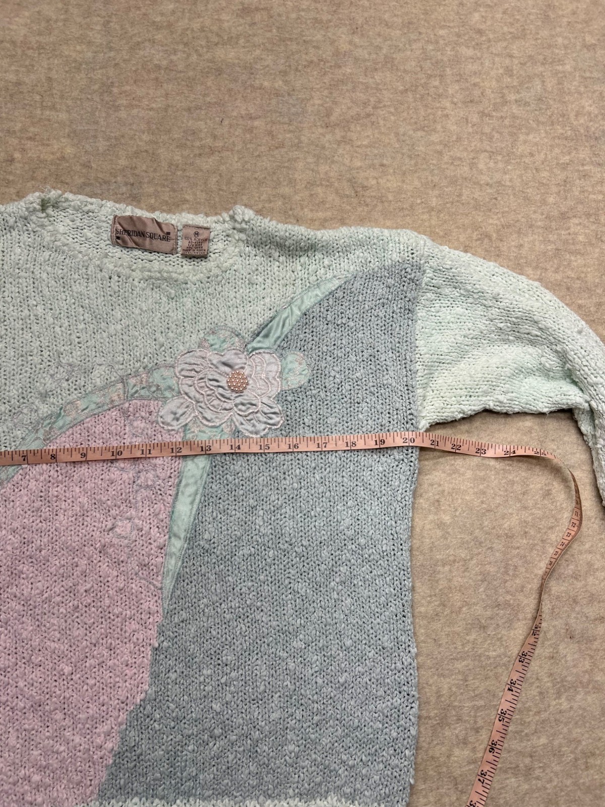 Vintage Sweater Pastel Floral Applique Embroidery Beads 80s Blue Pink Med