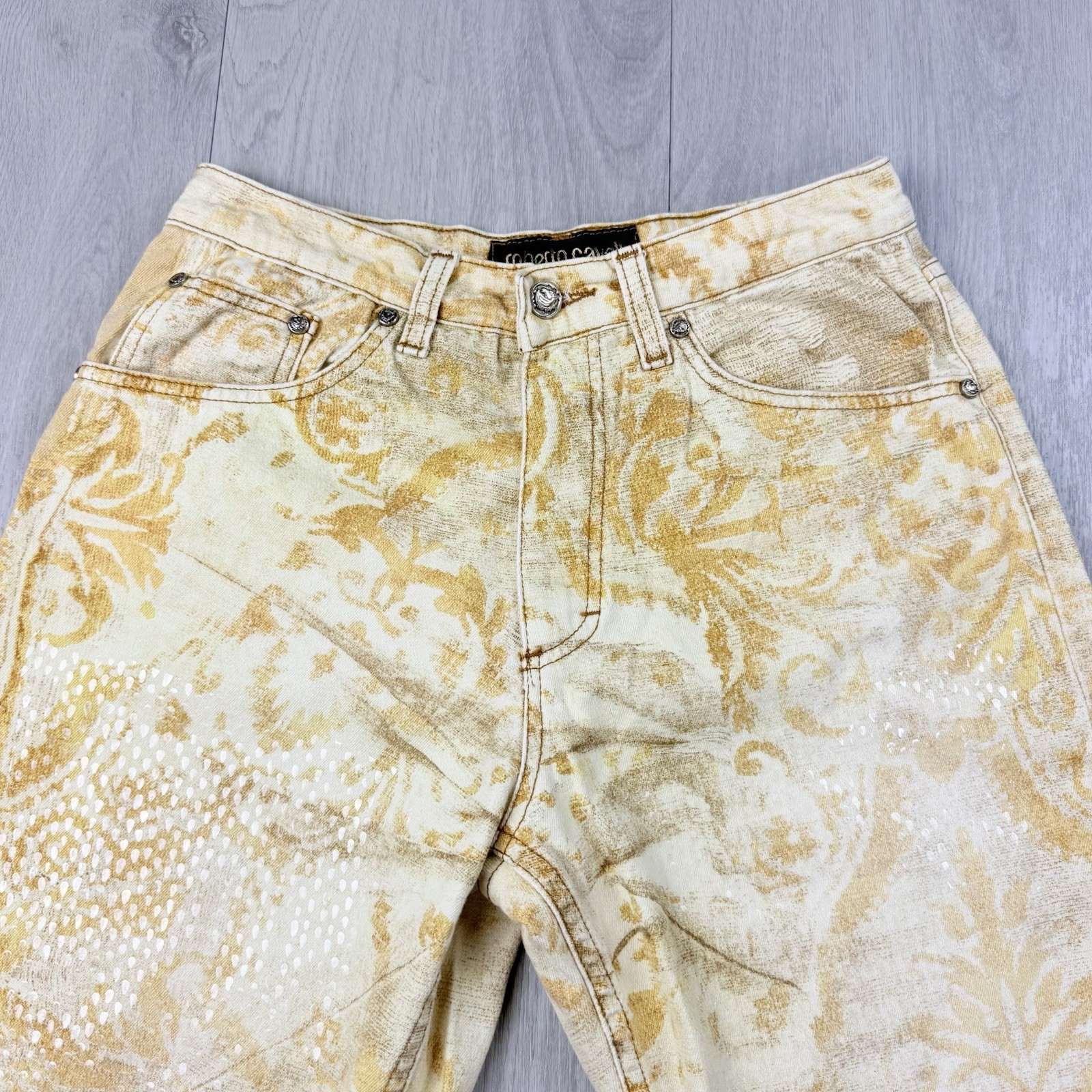 Vintage Roberto Cavalli 90s Funky Sand Blasted Denim Shimmer Jeans Small Italy