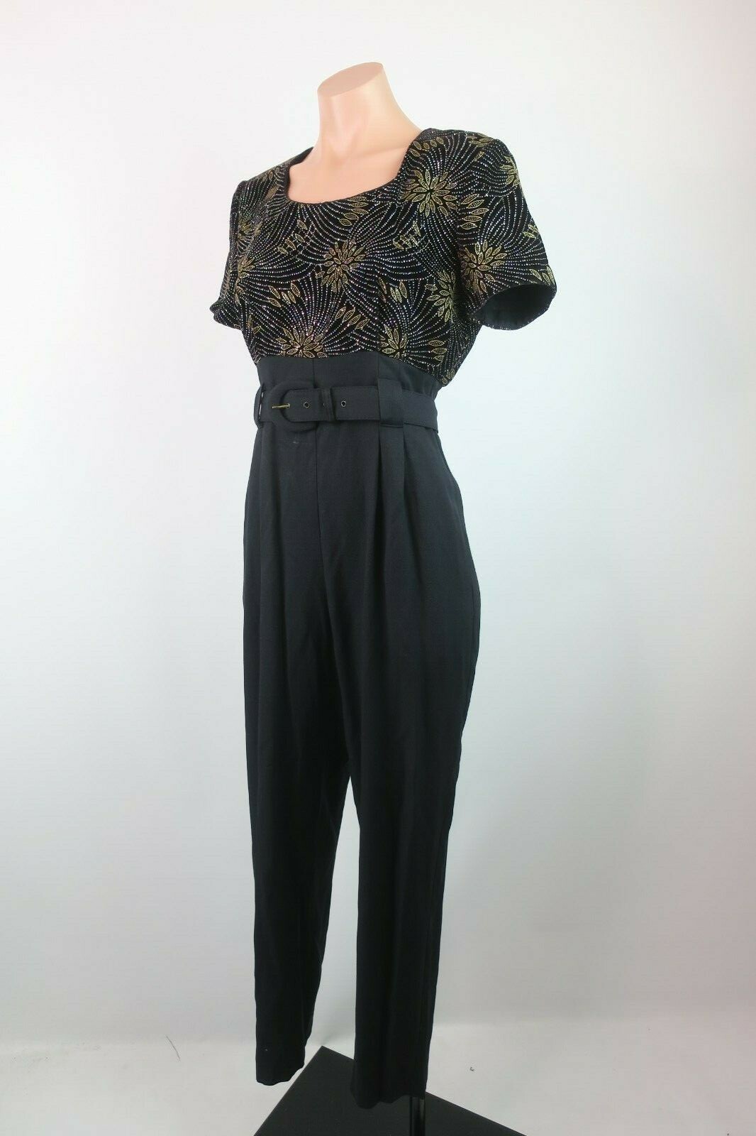 VTG 80s Sexy Glitter Tapered Boho Festival Jumpsuit Metallic Floral Belted sz 6
