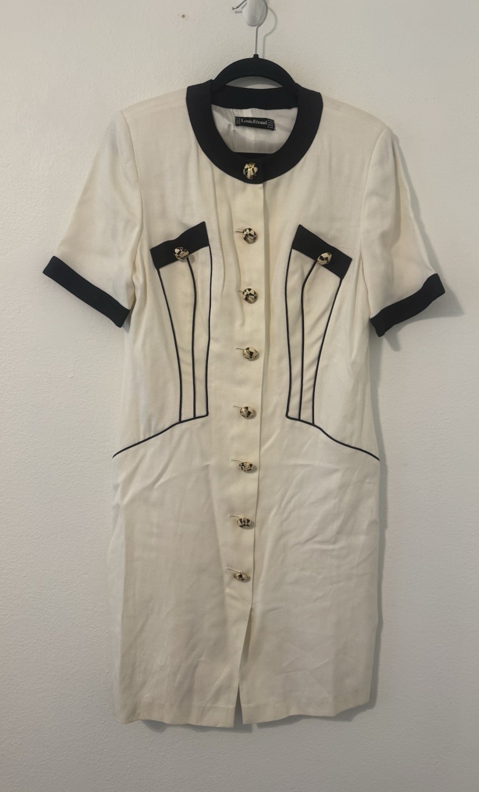 VTG Louis Feraud Coquette Mod White Cream Dress Black Piping Gold Button 12 READ