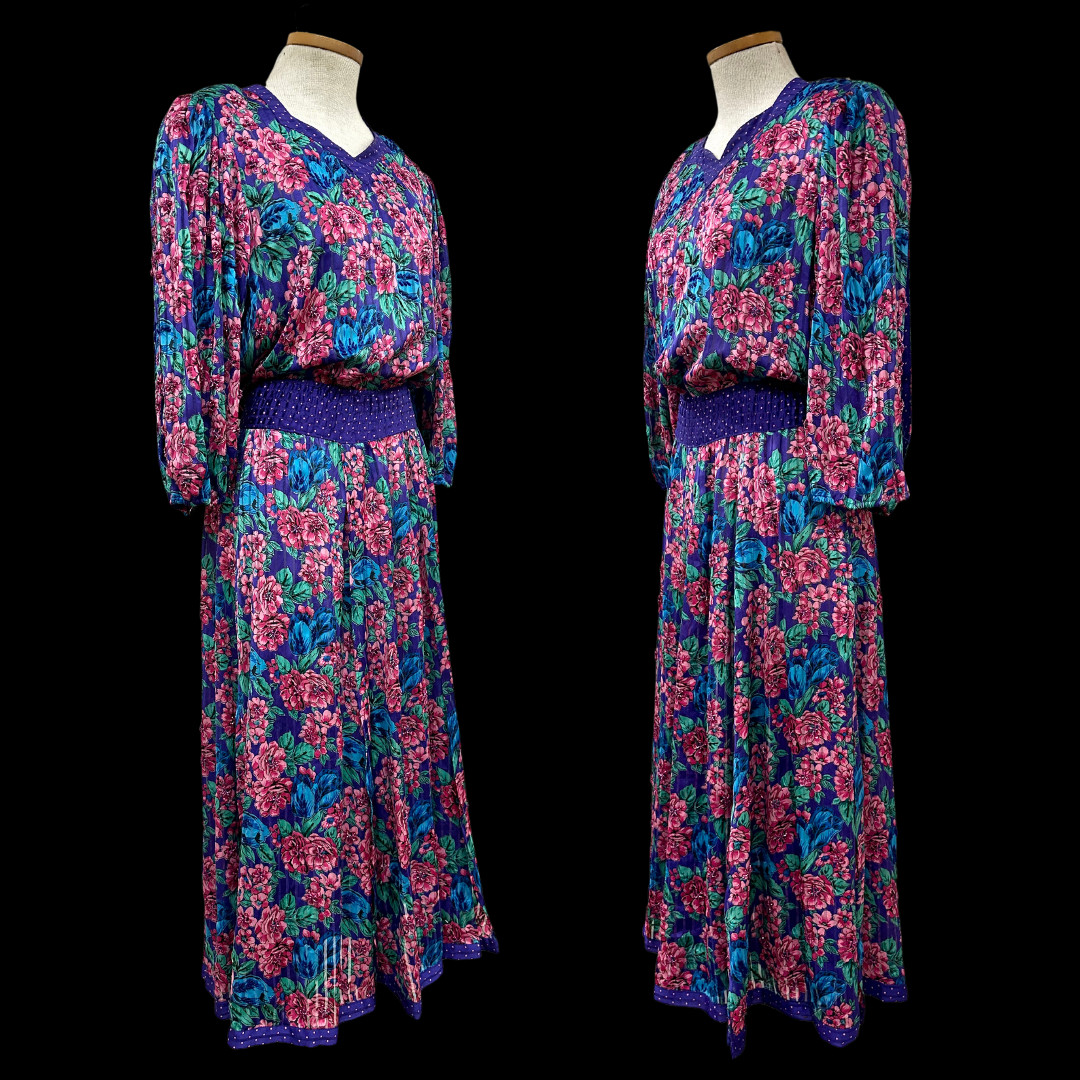 Vintage 1980s Diane Freis Beaded Purple Floral Midi Dress with Balloon Sleeves
