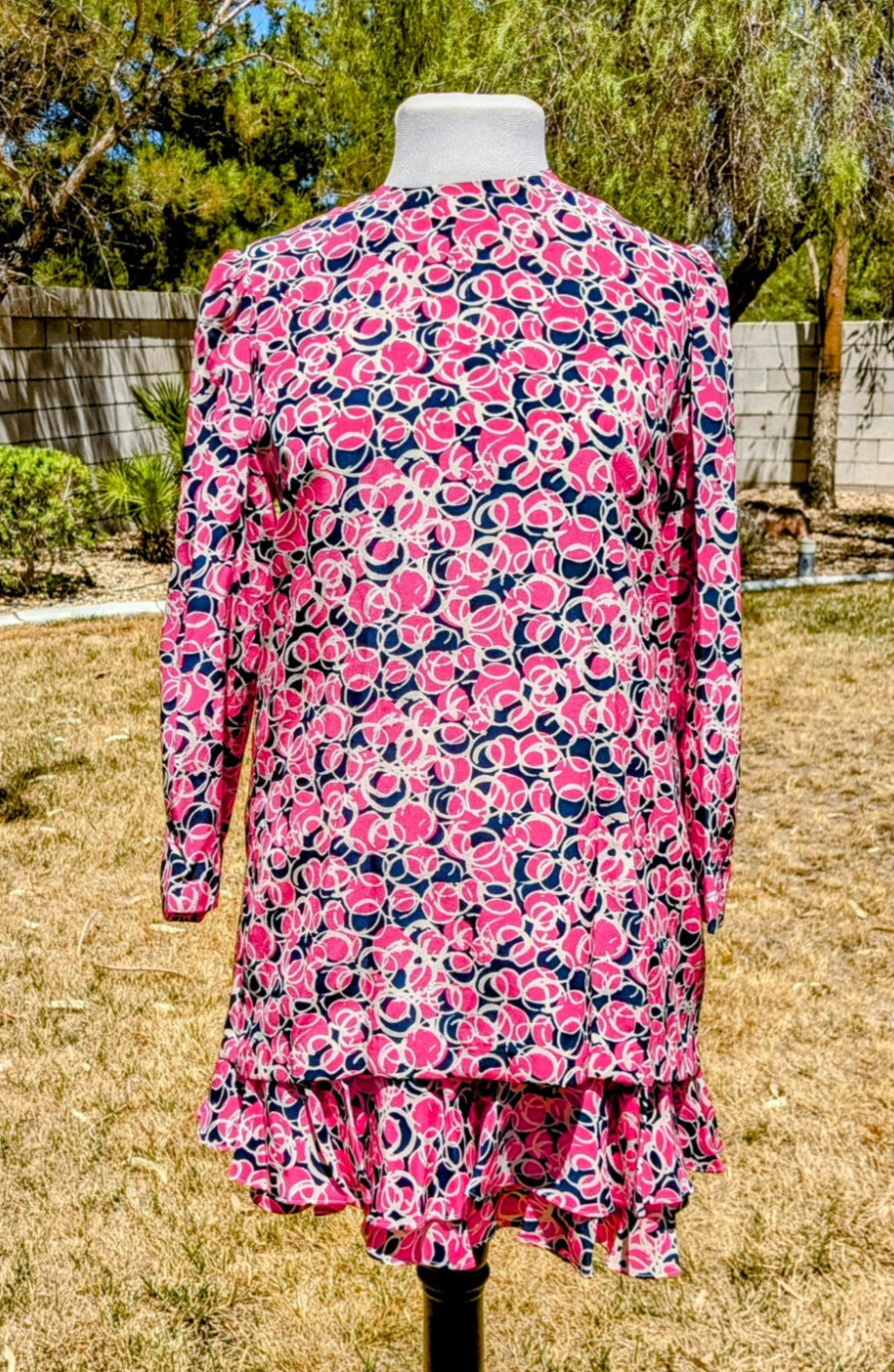 Vintage Silk Studio Button-Down Sz4 2-Pc Pink Circles L/S Top & Skirt Dress EUC