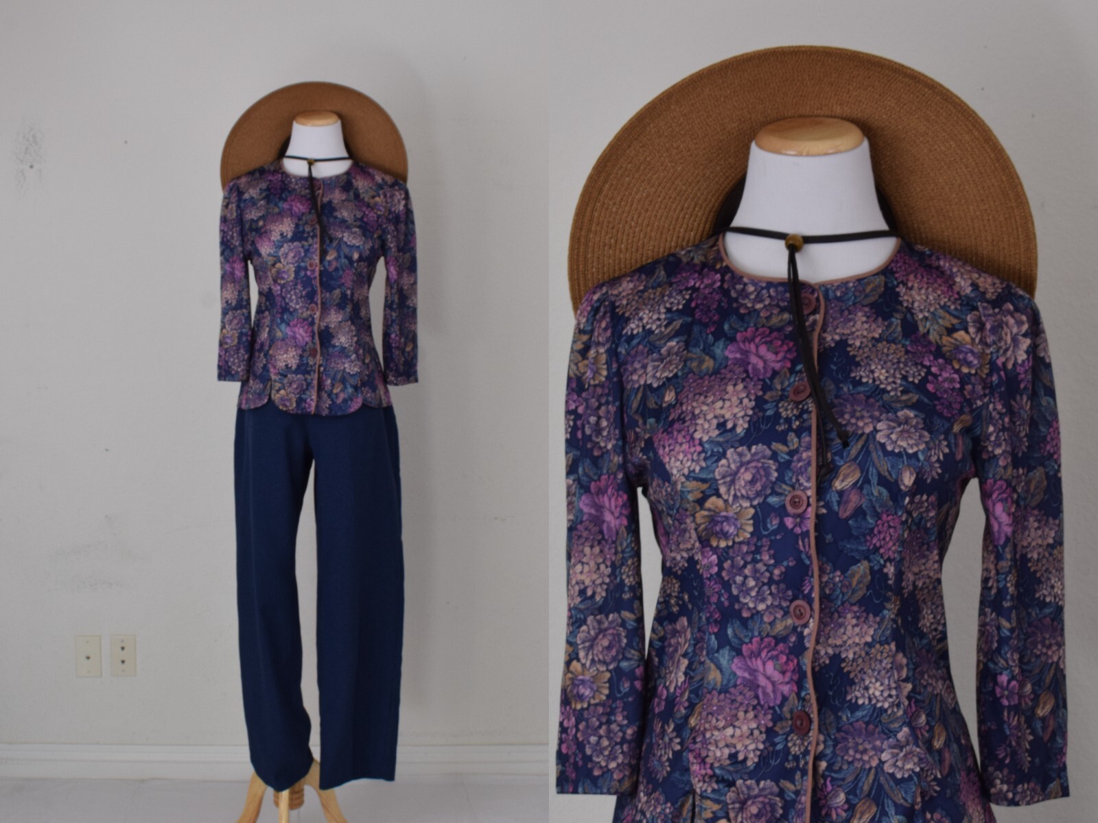 Vintage 80s Polyester Whirlaway Floral Print 3/4 Sleeve Button-up Blouse size 6P
