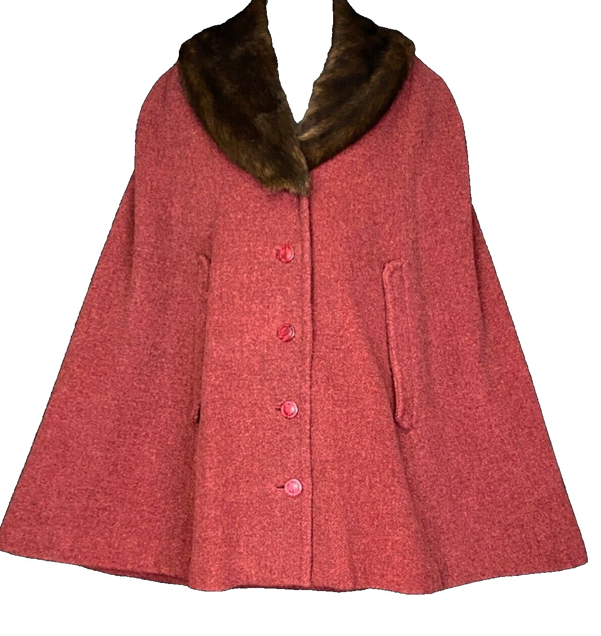 Vintage maroon wool cape, brown faux fur collar, burgundy pink red 1960s 1970s