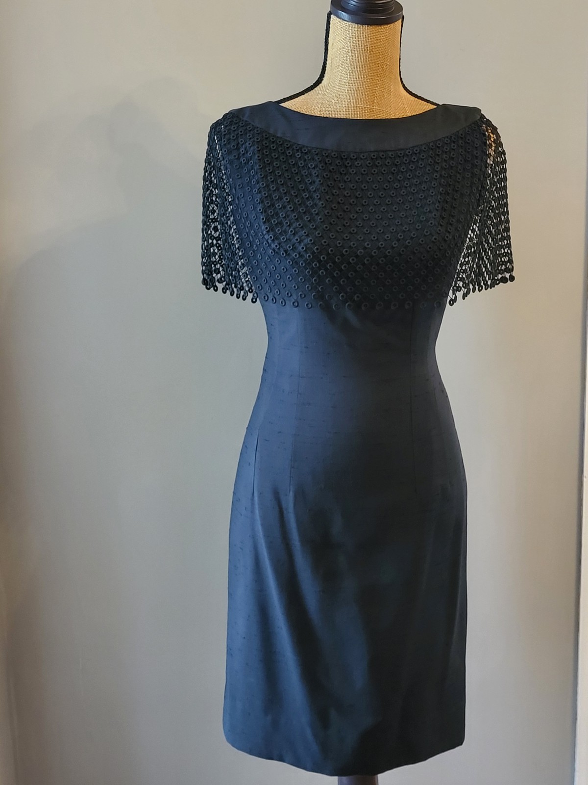 Claralura Original 60s Black Shantung Silk Pencil Dress Guipure Lace Sz 6