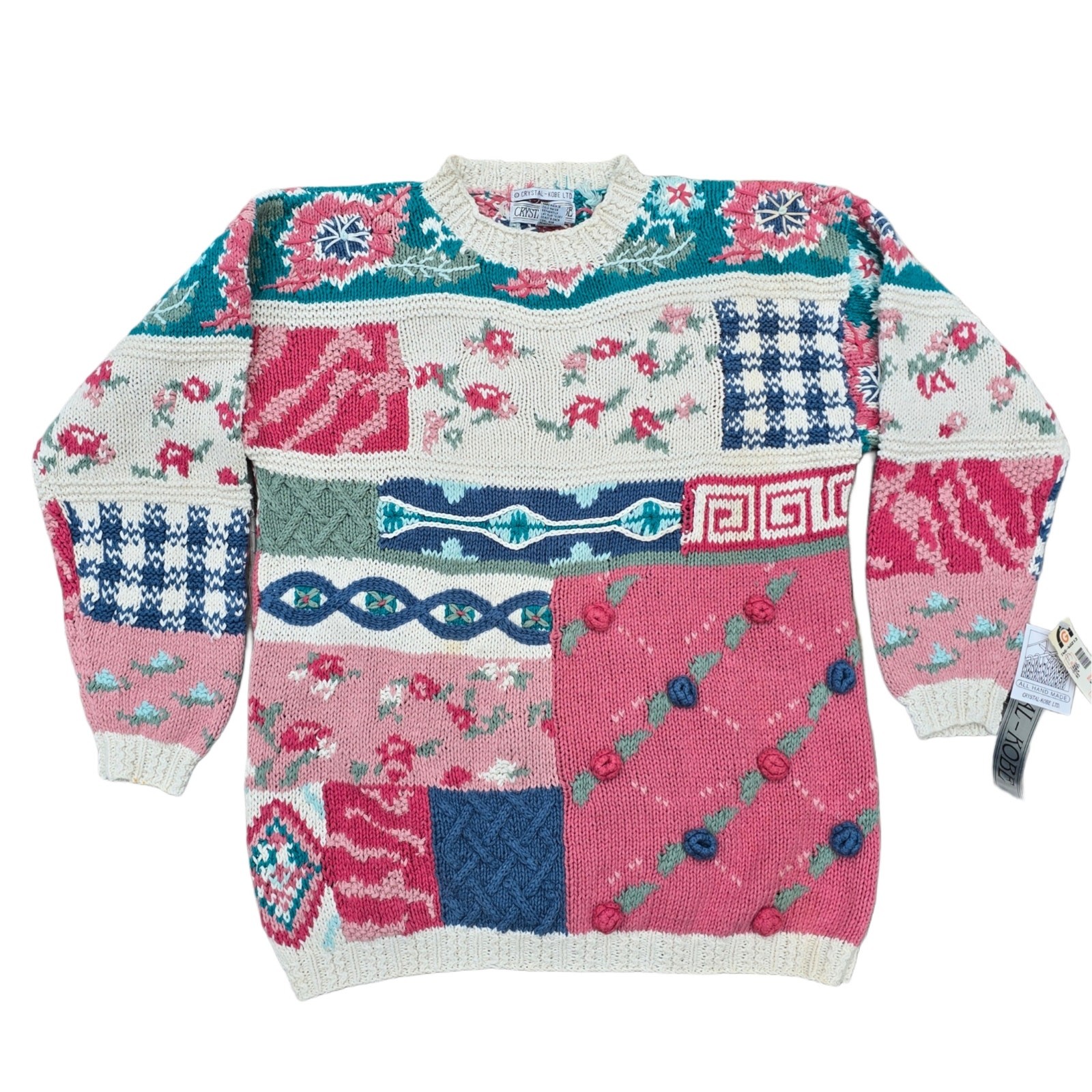 Patchwork Sweater Crystal Kobe Size Petite Medium Pink Blue Beige Floral Vintage