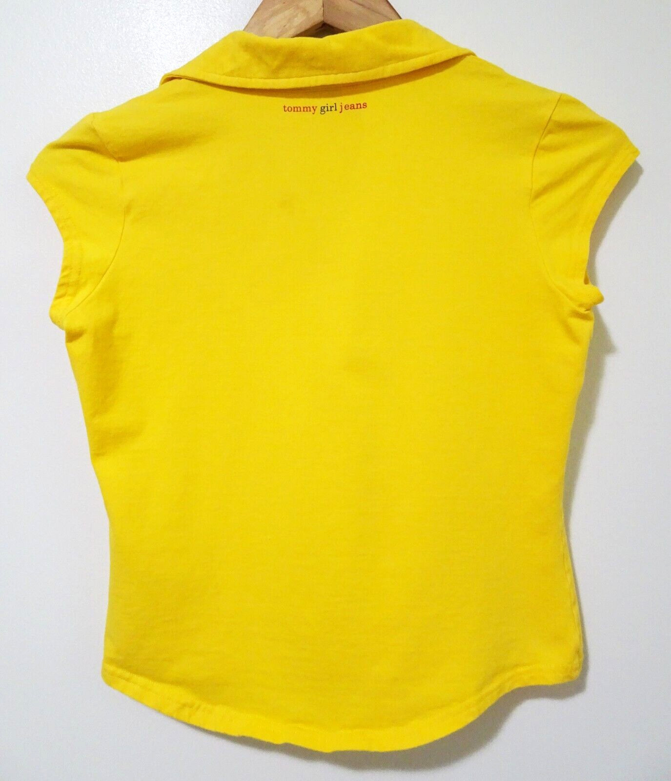 S/M Vtg 90s Y2K Tommy Girl Jeans Flag Collar Yellow Club Kid Euro Rave Shirt