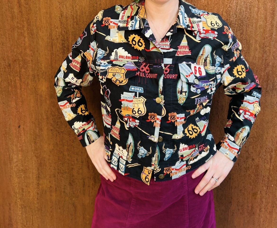 VINTAGE Handmade Route 66 Jacket Sz Medium – Pinup Retro Travel All Over Print