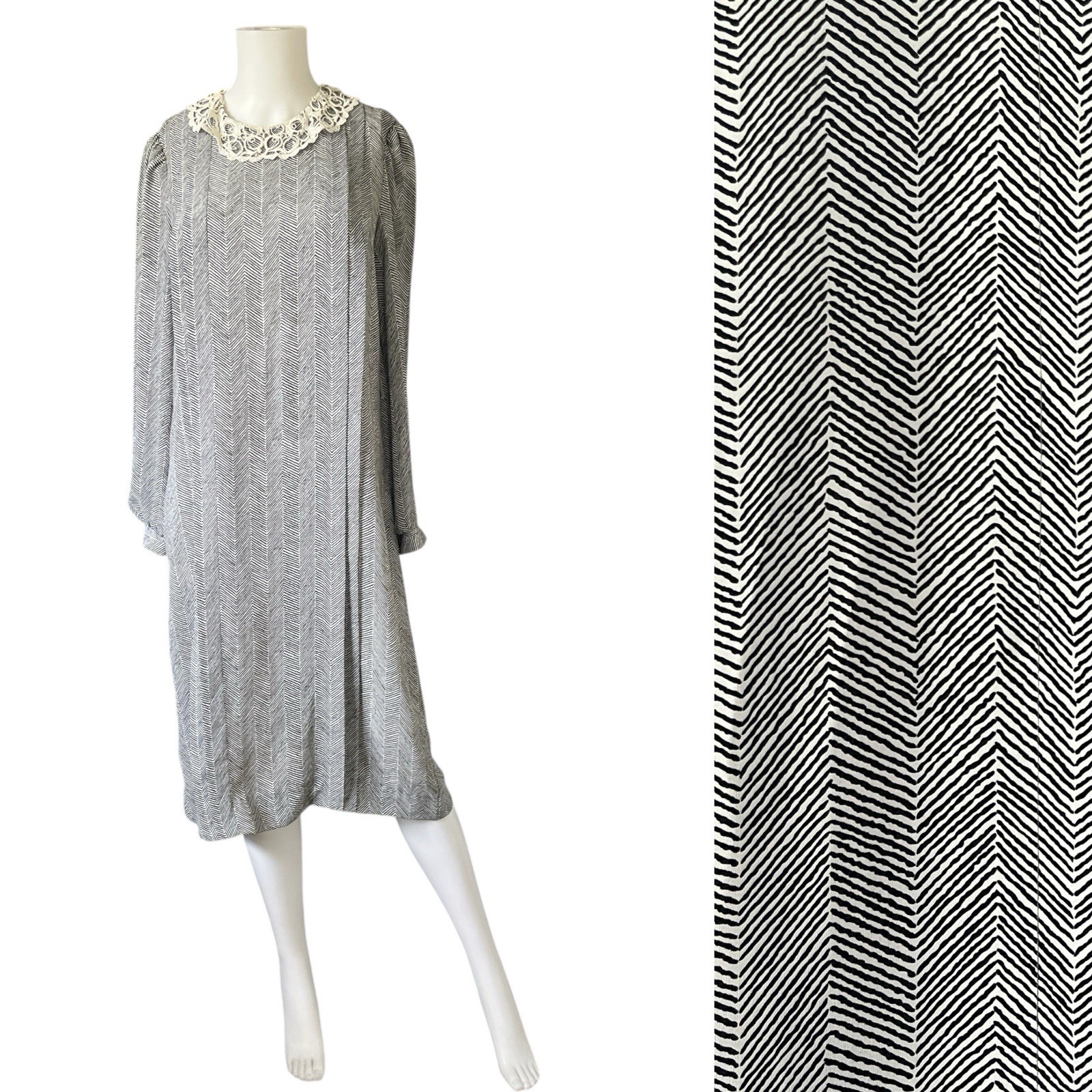 Vintage Lady Carol Shift Dress Lace Collar Black White Chevron Pleated Sheer