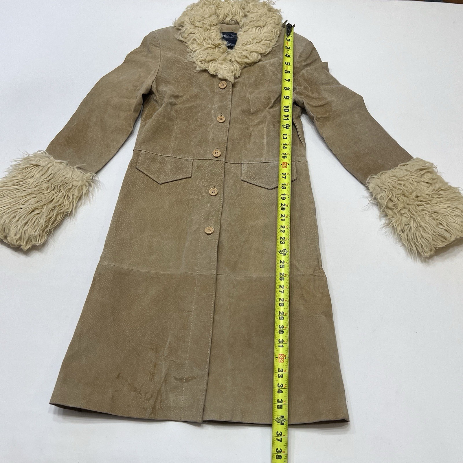 Vintage Blue Asphalt Penny Lane Coat Tan Suede Leather Faux Fur Trim size Small