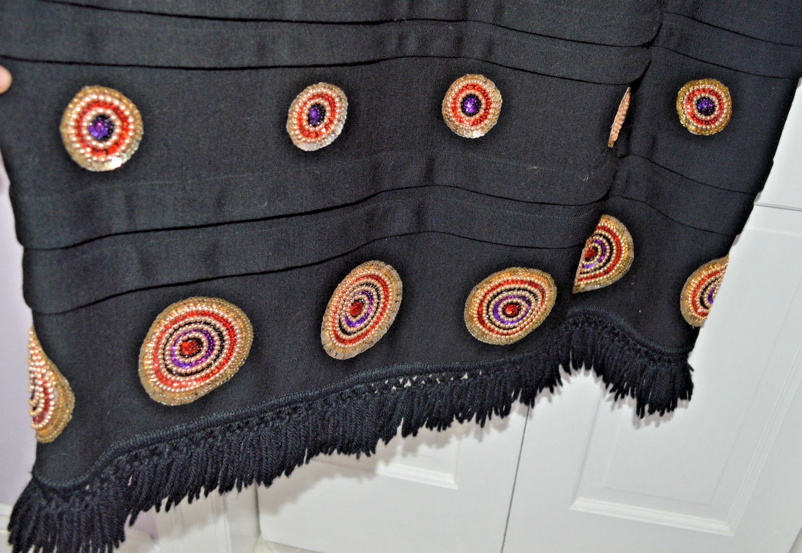 VINTAGE SKIRT LONG LENGTH BLACK FRINGE HEM SEQUIN ACCENTS 1970’s 28″ WAIST