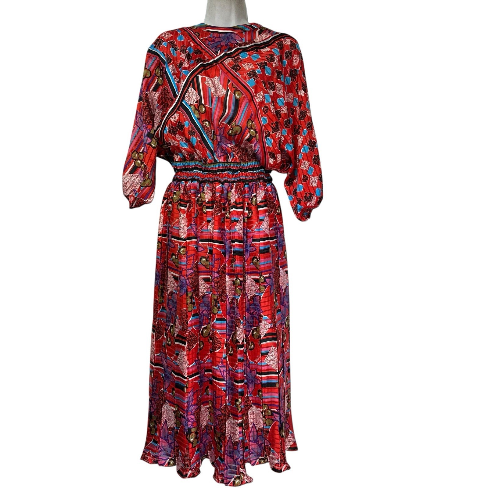 Vintage Diane Freis Martini Olives Print Accordion Pleated Long Sleeve Dress