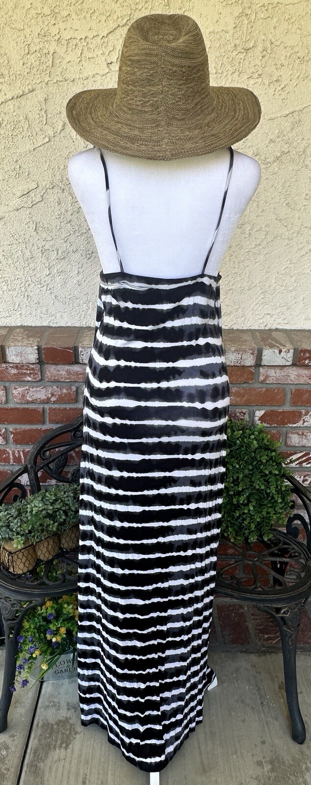 Vintage Alloy Apparel Tie Dye Maxi Dress; Black/Off White Stripe W/Spag Straps