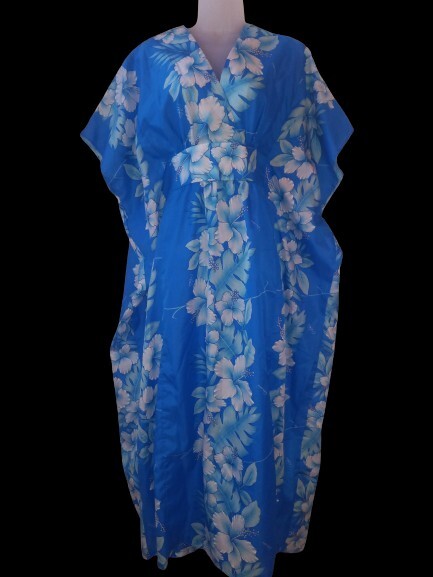 Vintage 80s Kalena Hawaiian Blue Hibiscus Floral Caftan Muumuu Dress Tiki Oasis