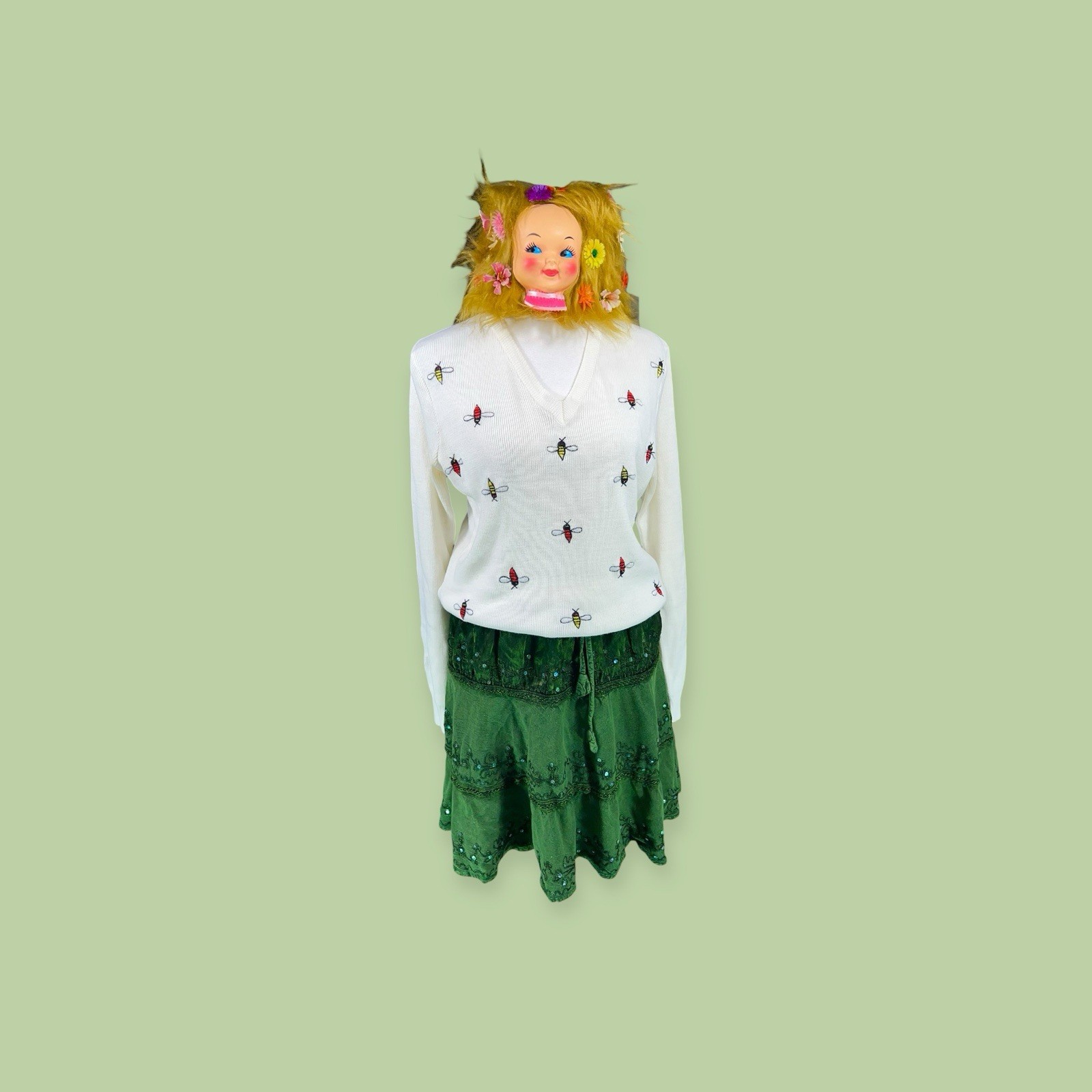 VTG ACRYLIC KNIT “BEE HAPPY” SWEATER BUGS POP ART MOD NOVELTY WHIMSICAL KITSCH