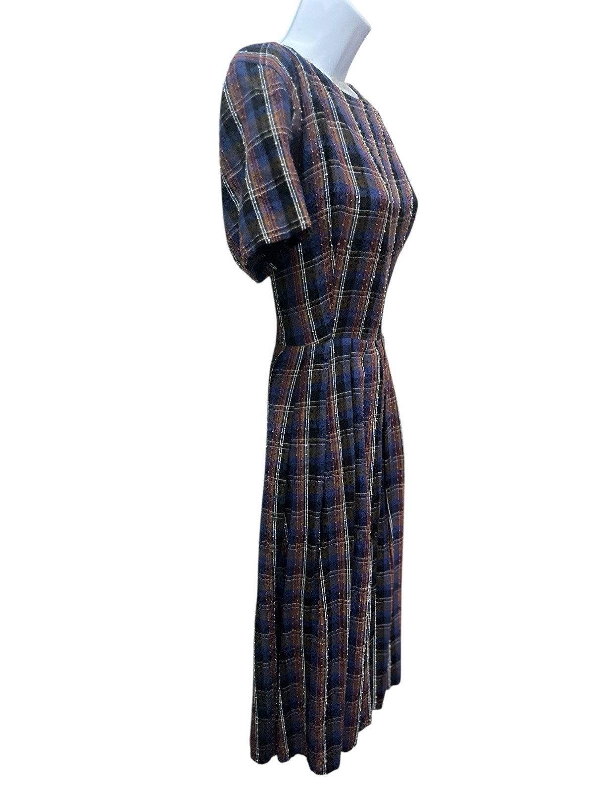 Vtg 1950s Plaid Pleated Day Dress S/M Metal Zipper Textured Fabric Short Sleeve