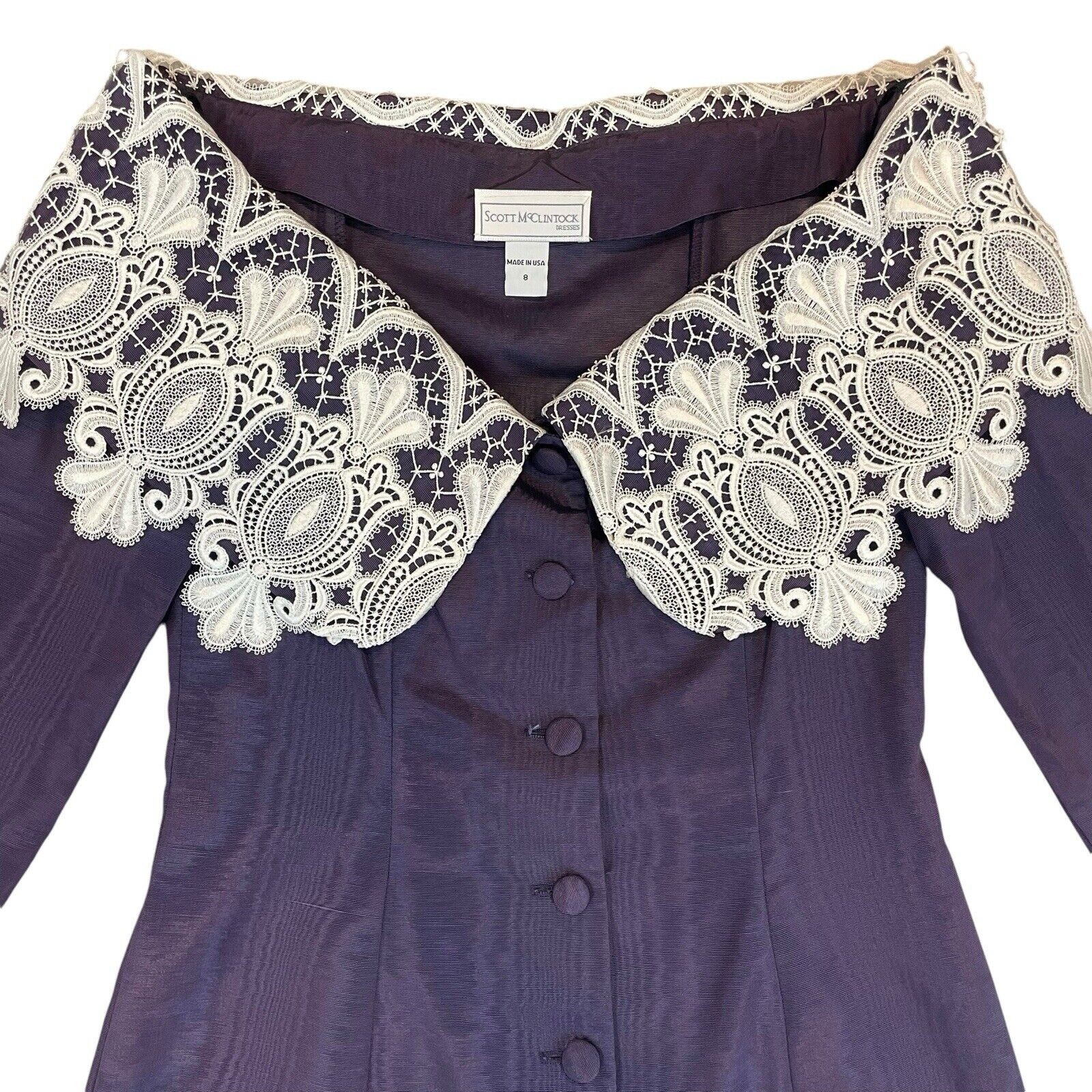 VTG 80s 90s Scott McClintock 2 Piece Skirt Suit Sz 8 Purple Taffeta Lace Collar