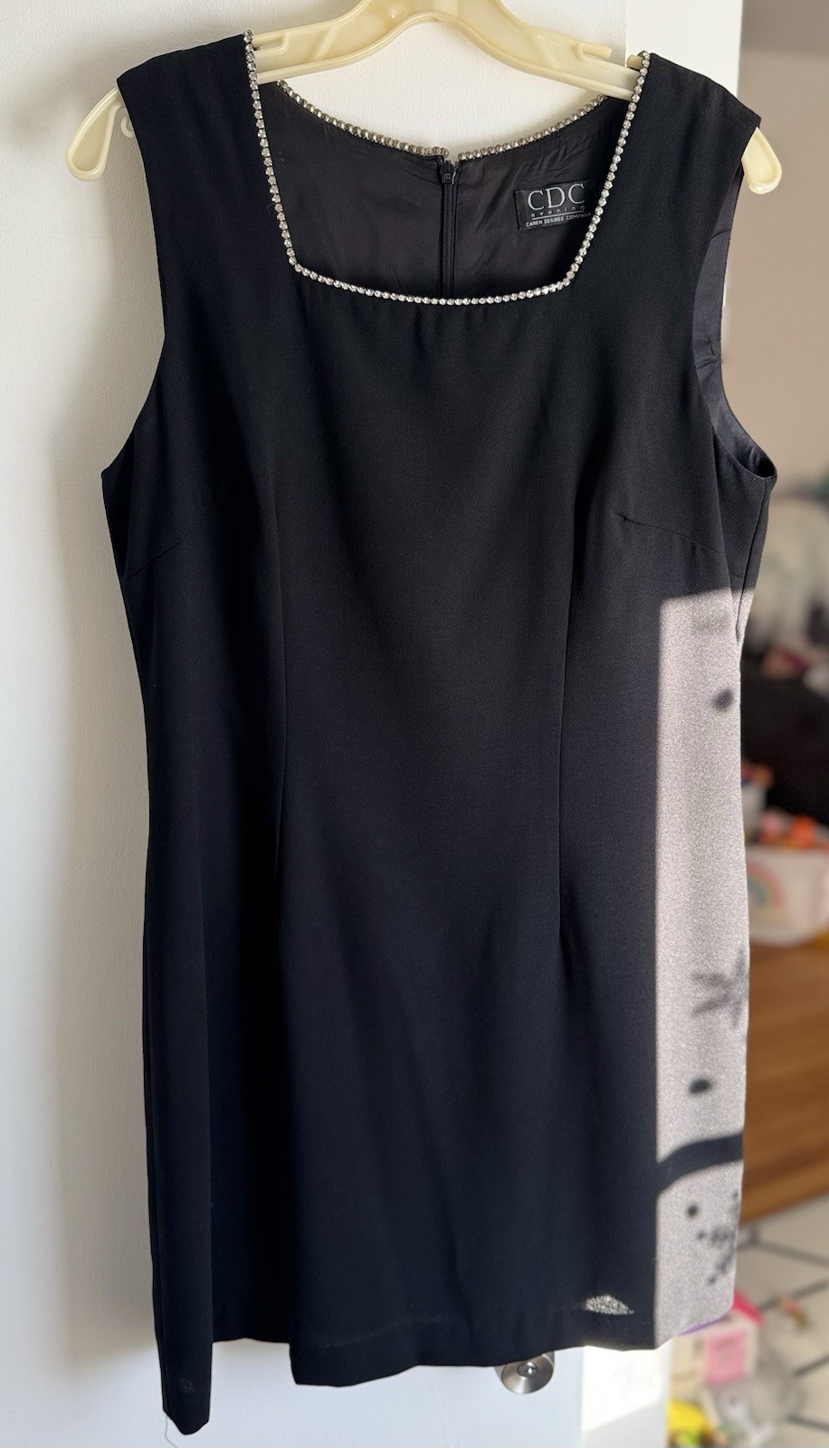 Vintage 90s Black CDC Evening Cocktail Dress Sz 14 USA Made Rhinestone Accents