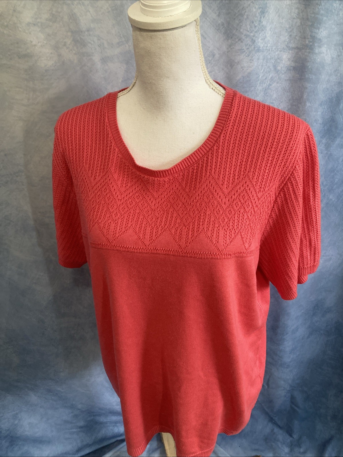 Vintage 90s Alfred Dunner Knit Top 1X Plus Coral Pink Pointelle Short Sleeve USA