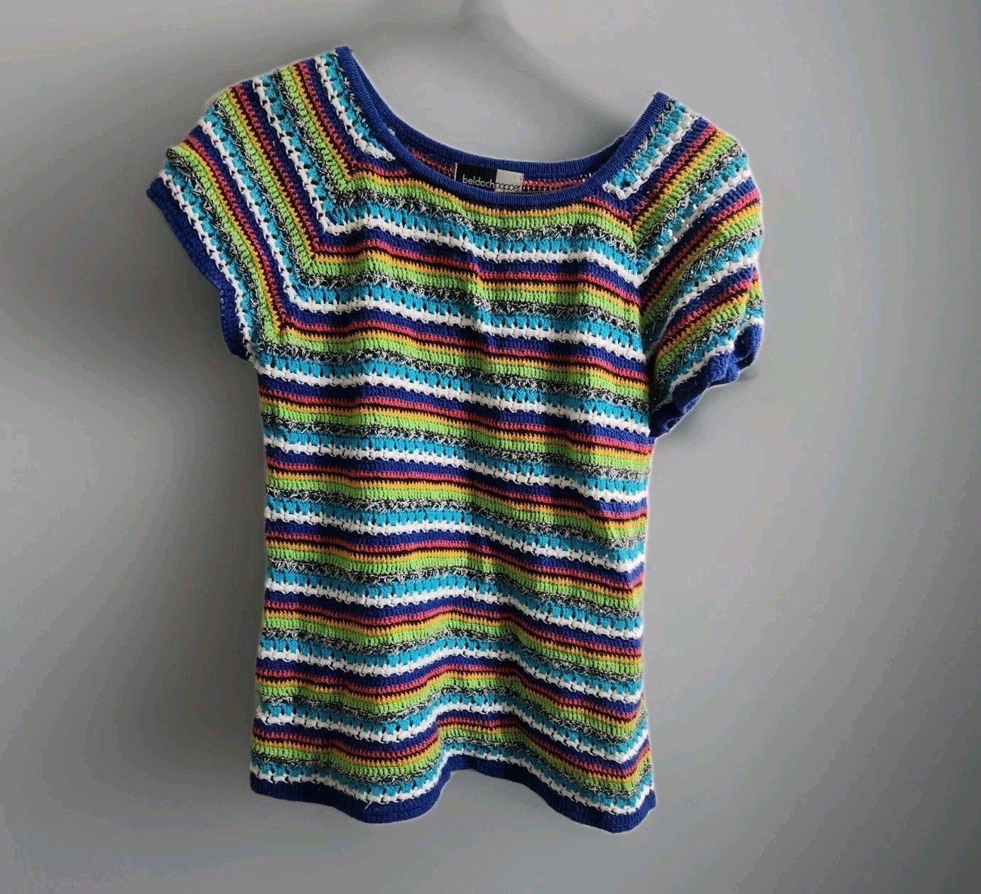 Vintage 90s Beldoch Popper Cap Sleeve Crochet Knit Top Ramie Cotton Boho Size M