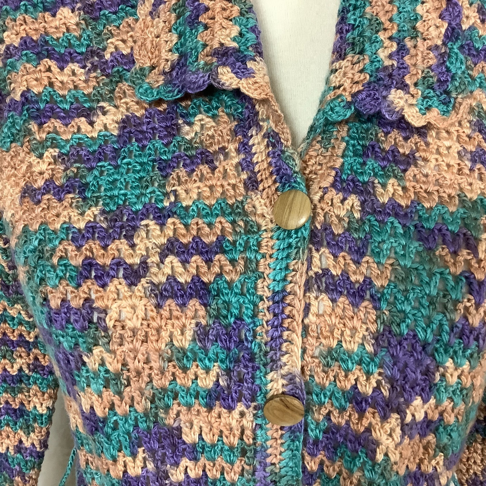 Vintage 70s Tan, Green Blue & Purple Belted Crochet Cardigan Sweater
