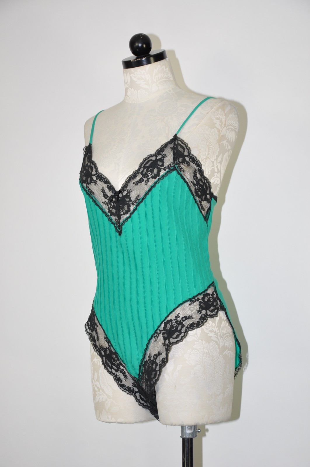 80s Emerald Green Lace Backless One Piece Teddy Lingerie Bodysuit Women S M