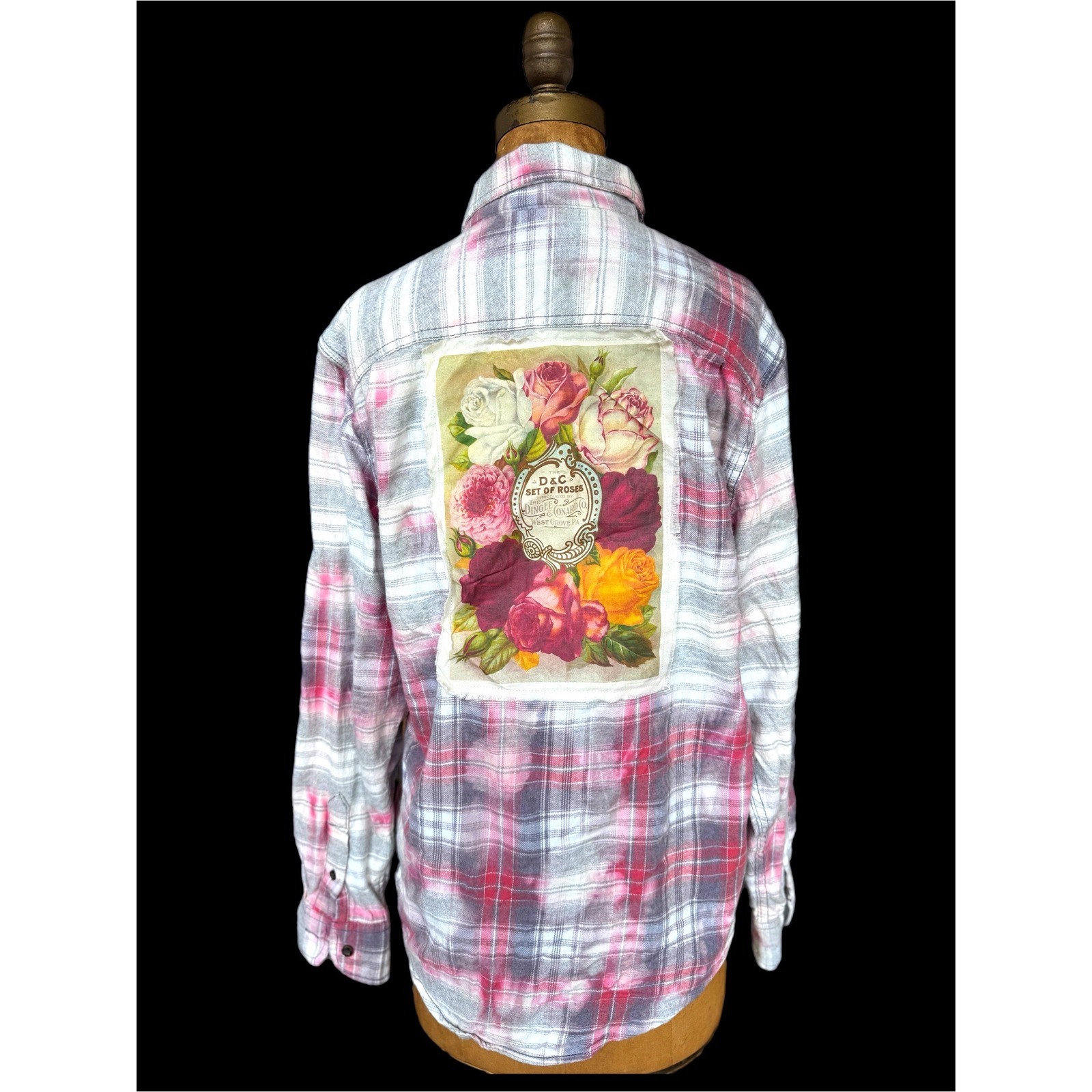 Upcycled Floral Flannel Shirt Small | Cottagecore Rose Patch Soft Plaid