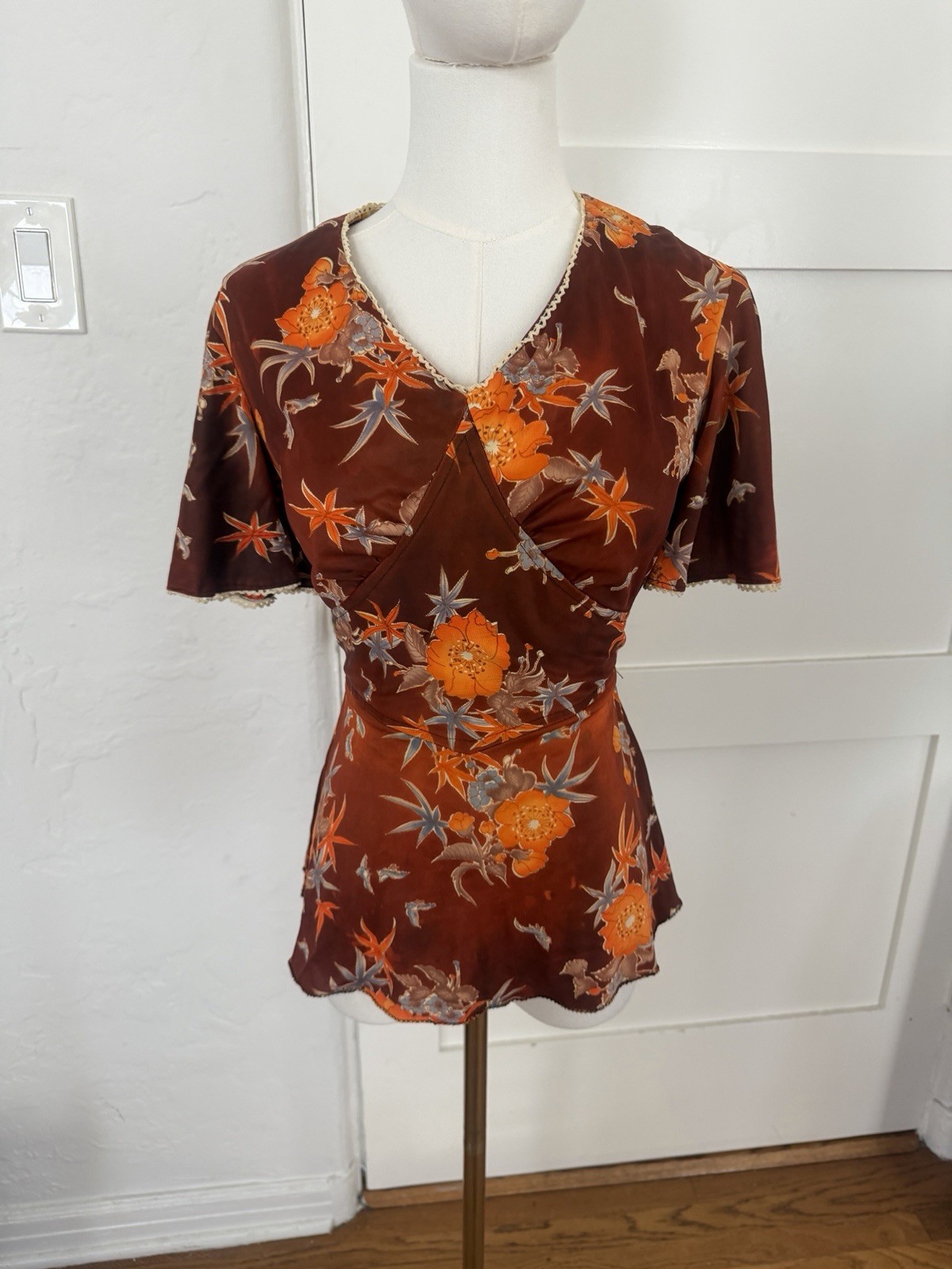 1970s Chocolate Brown Floral Pant Set