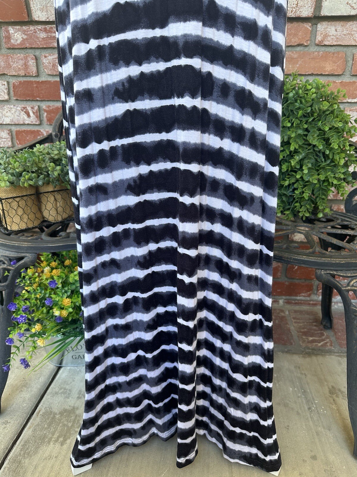 Vintage Alloy Apparel Tie Dye Maxi Dress; Black/Off White Stripe W/Spag Straps