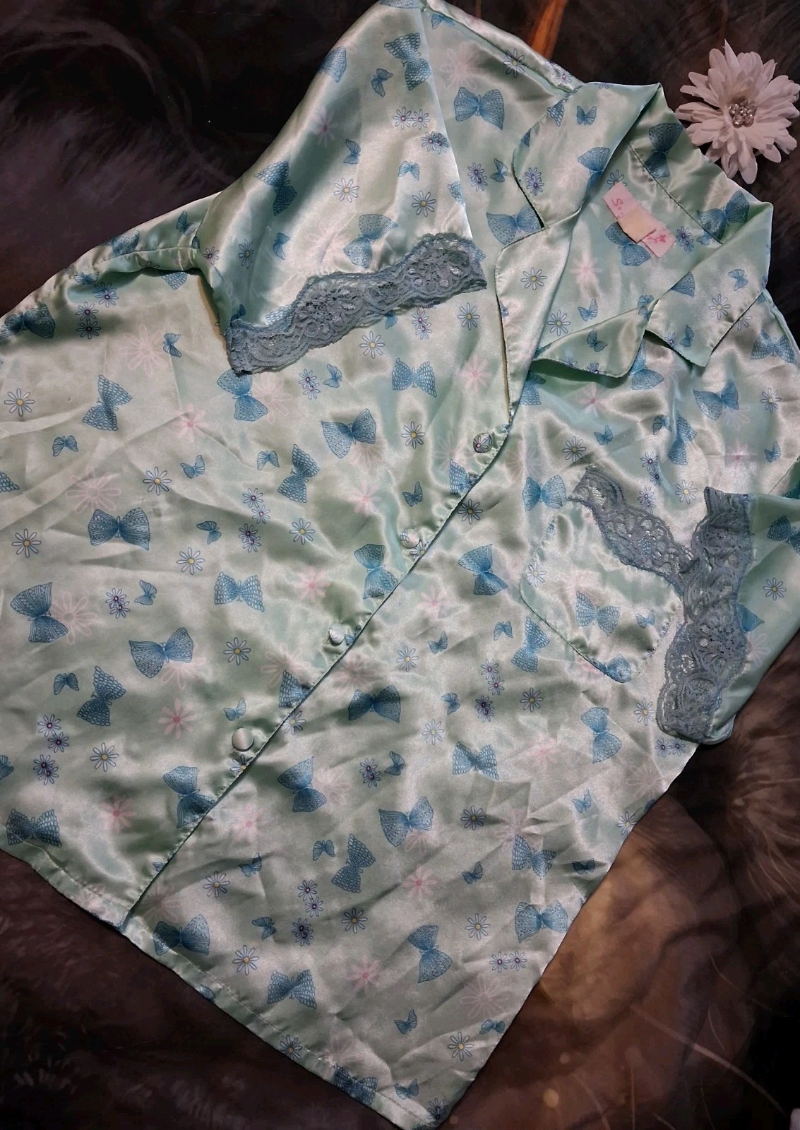 Vintage So Heavenly Pajama Set L Silky Satin Lace Butterfly Lingerie 90sY2K 2000