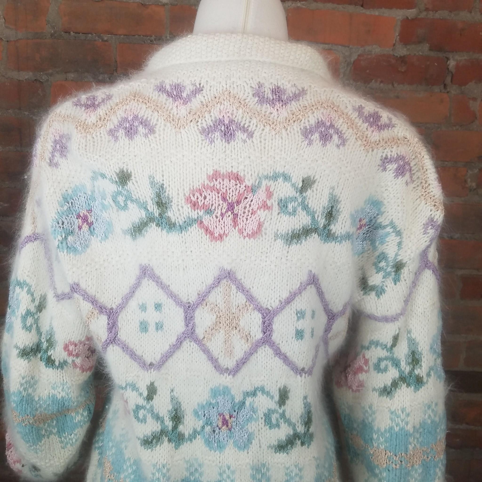 VTG Express Tricot Womens Fuzzy Cardigan Ivory Pastel HandKnit Silk Angora Sz S
