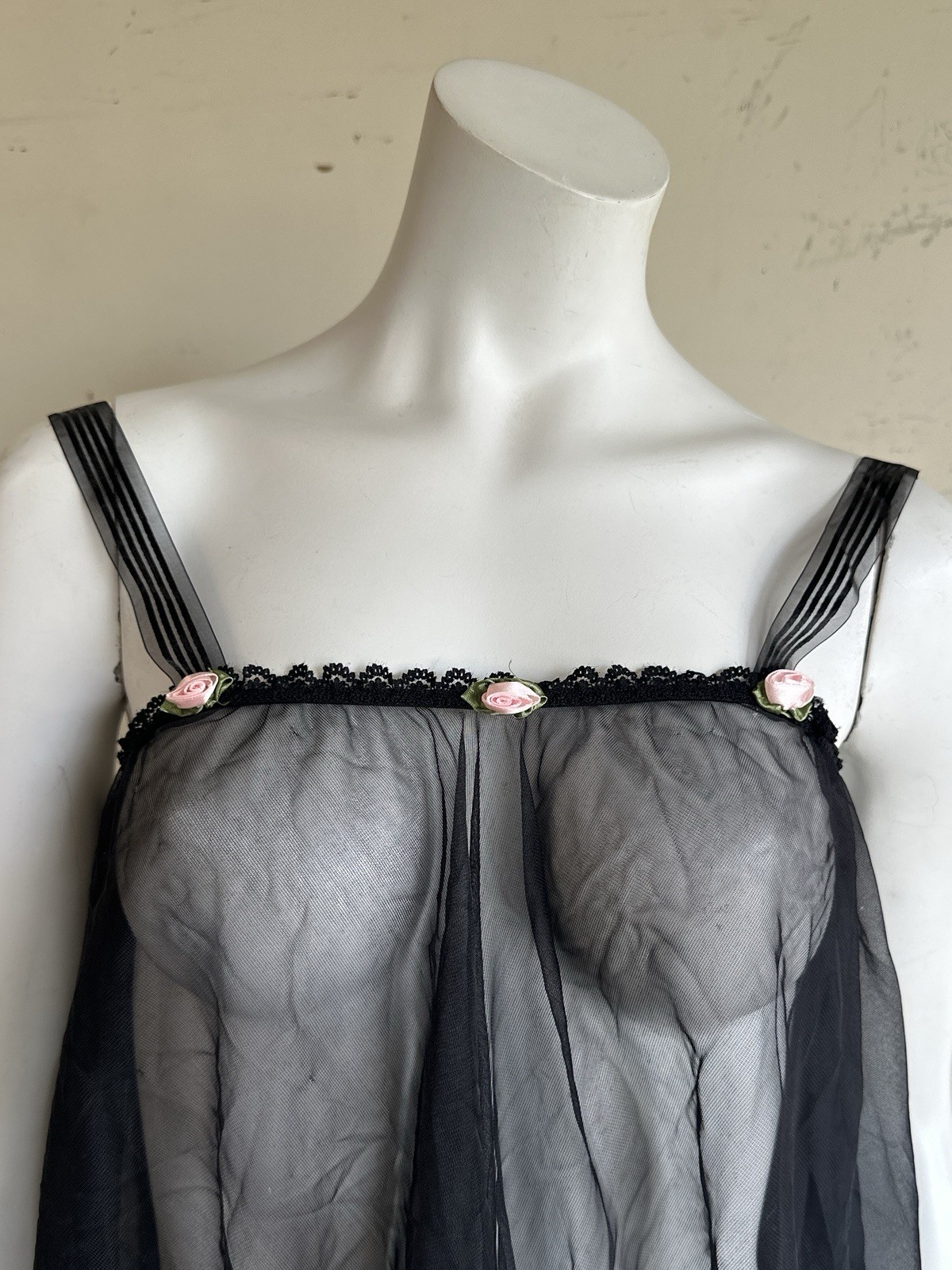 Vintage Black Babydoll Lingerie Top With Rosettes One Size 80s 90s Y2K