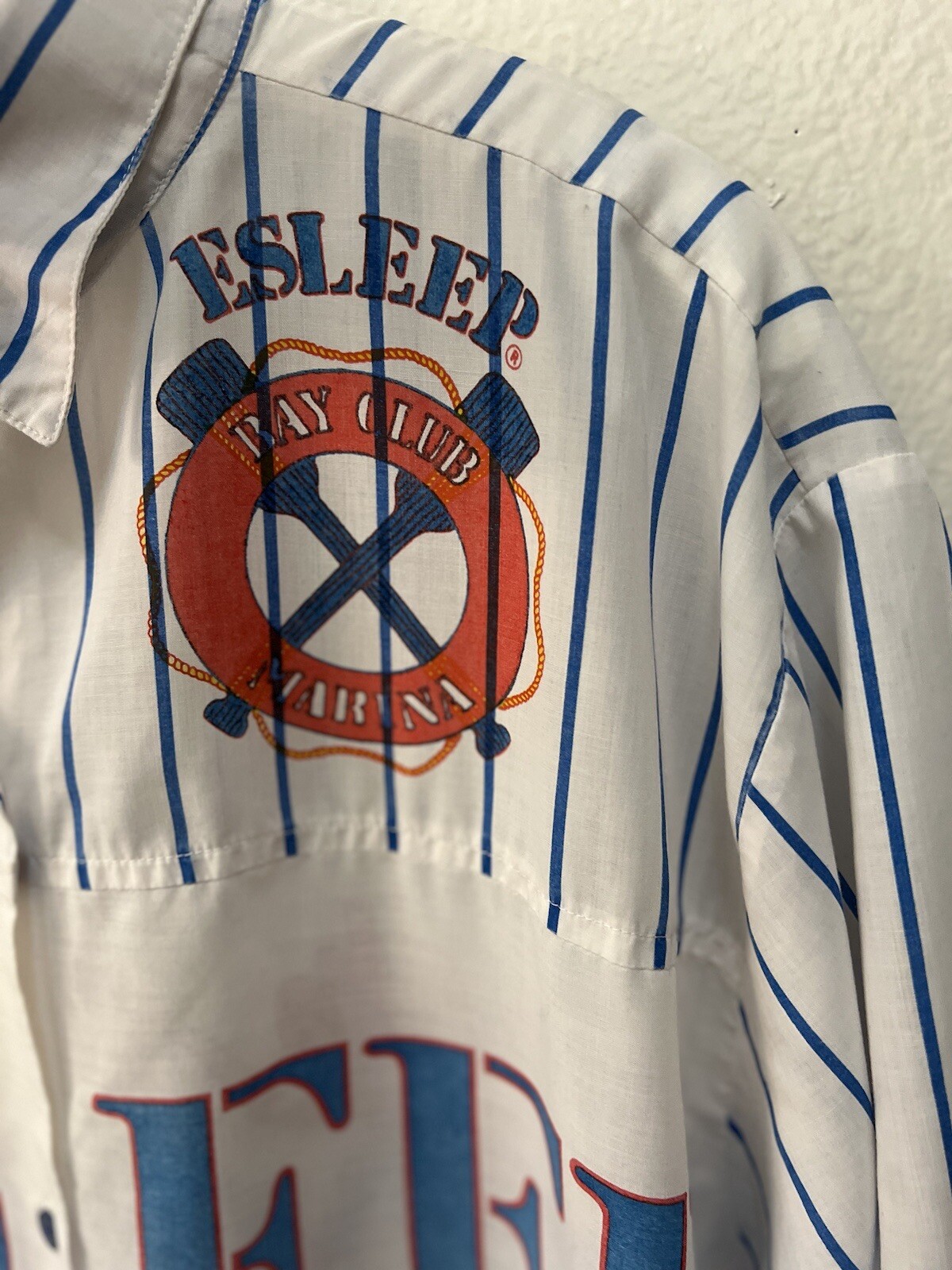ESLEEP Bay Club Marina Blue Striped Button Up Pajama Shirt Womens One Size.