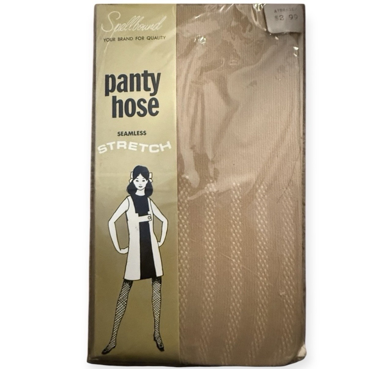 1960’s Mod Textured Pantyhose in Nude/Tan, Vintage Net Stockings Tights, NEW