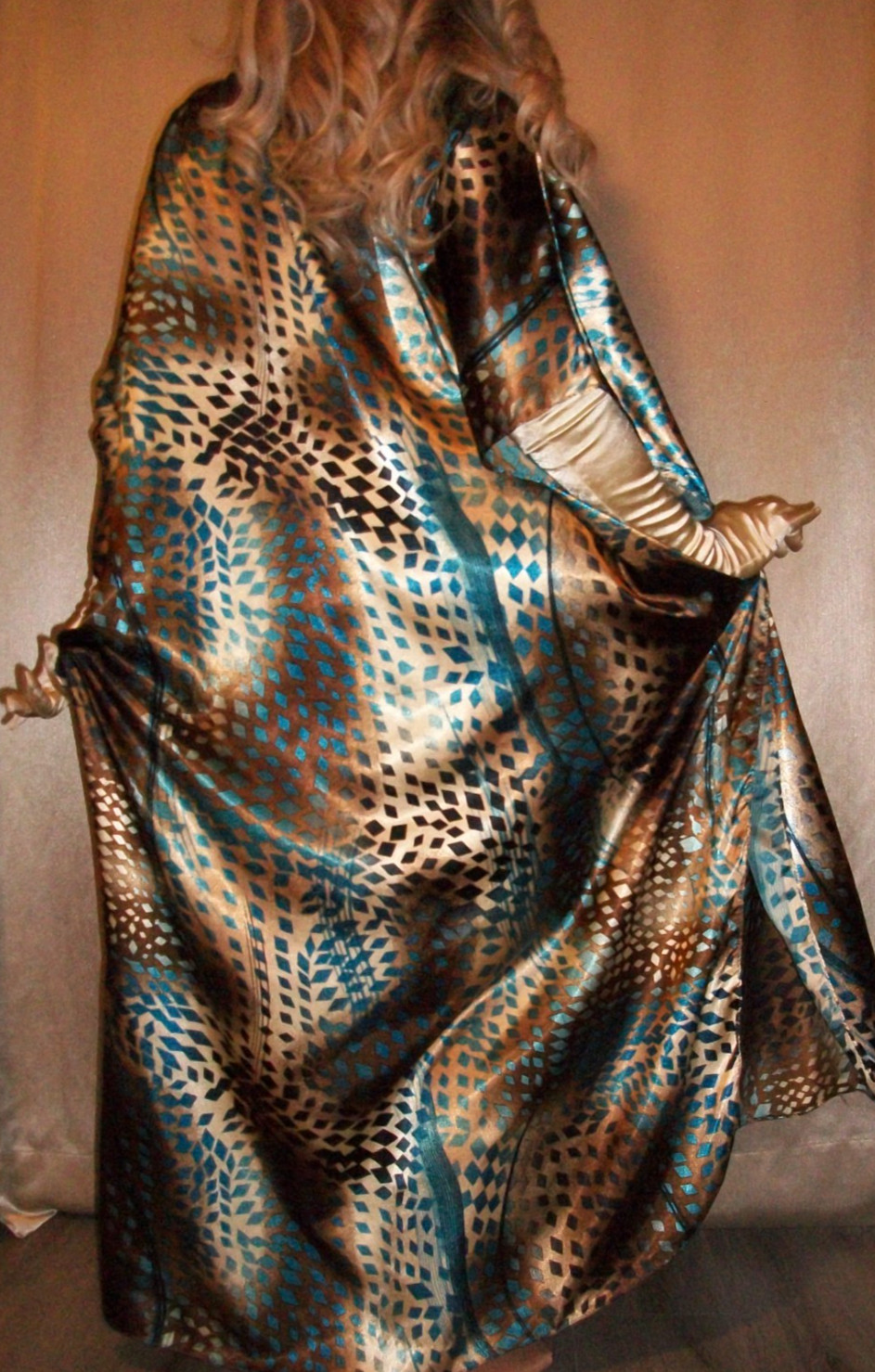 Vtg Gold Peacock Mocha Satin Nightgown L XL