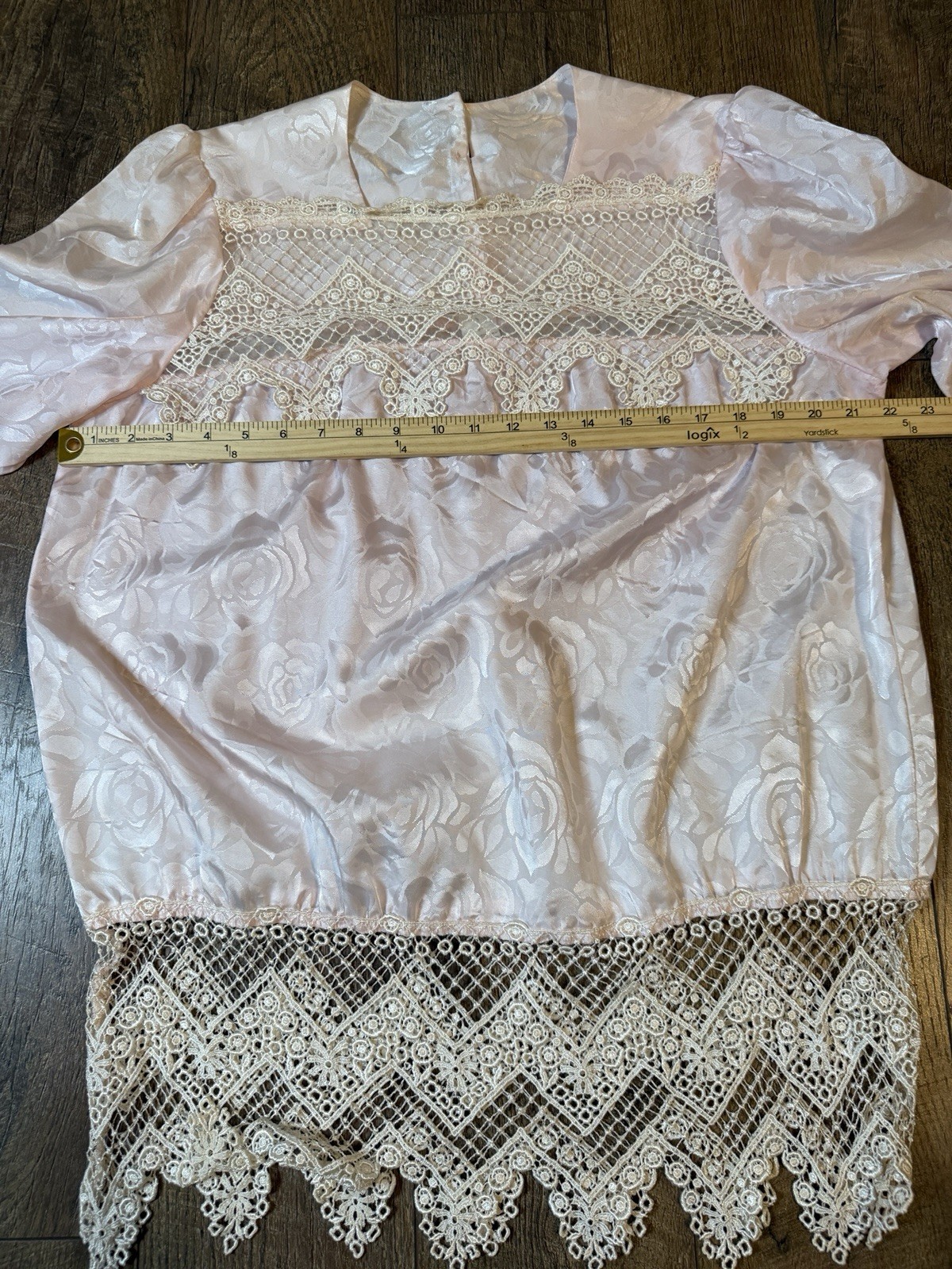 Vintage Satin Floral Pink Edwardian Lace Long Sleeve Blouse Sz 18 (XL)