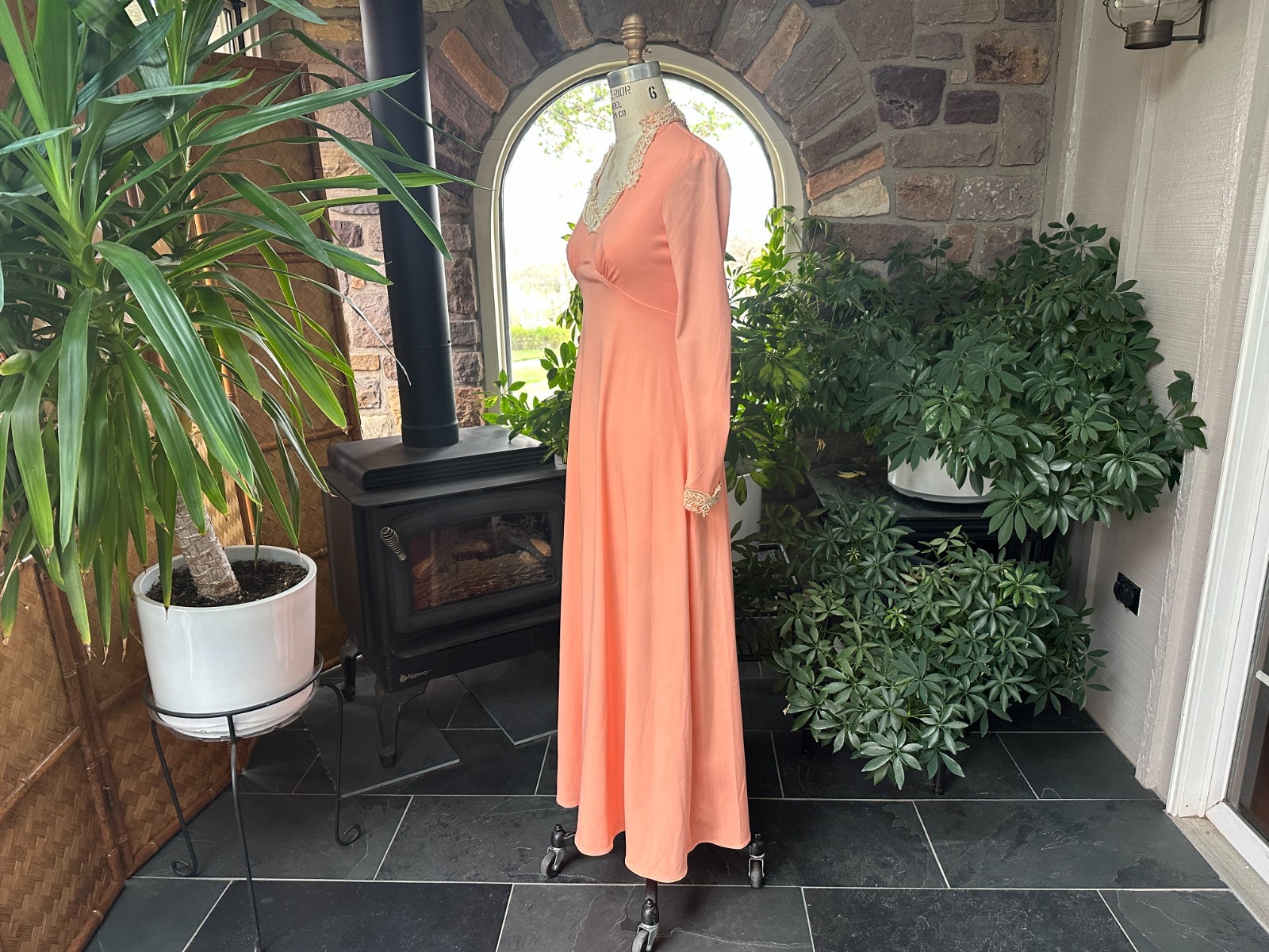 Vintage 1970s Apricot Knit and Ivory Lace Maxi Dress