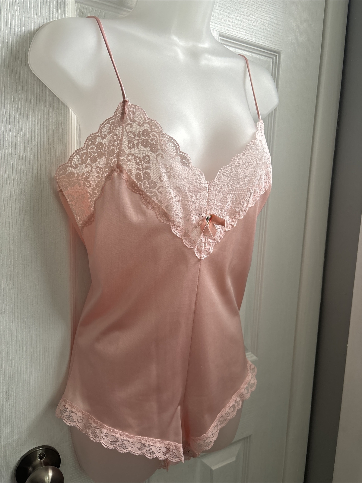 VTG Nylon Antron Satin Lace Teddy Bodysuit Playsuit Panty Sissy Romper USA Med