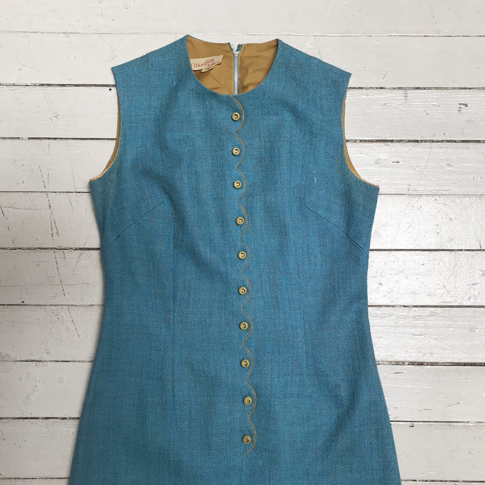 VTG 1960s Blue Teal Scallop Front Button Westbury Fashions Shift Dress Sz 10 S/M