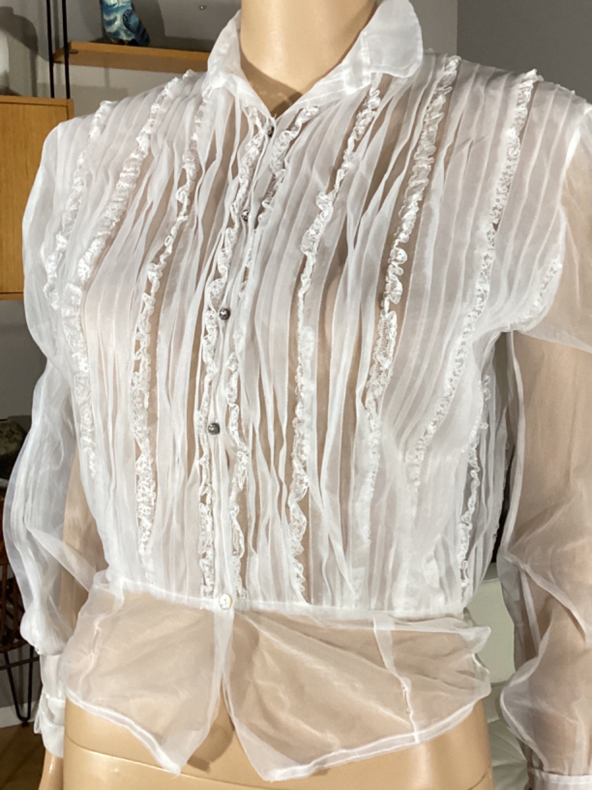 Vintage 1970’s White Sheer Nylon Prairie Farmhouse Victorian Revival BLOUSE