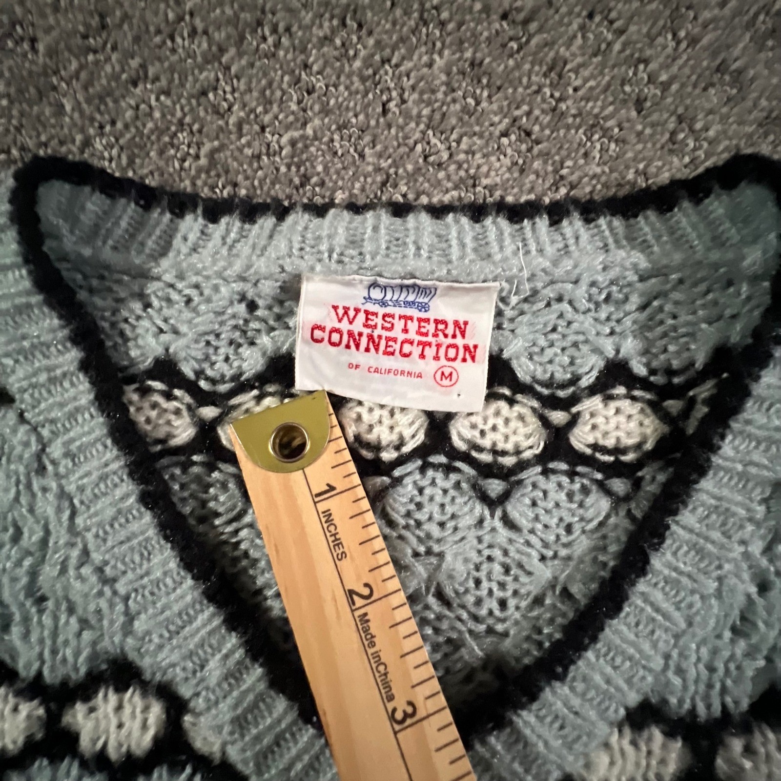Western Connection Sweater Womens Medium Blue Vintage 80s Popcorn Knit V-Neck