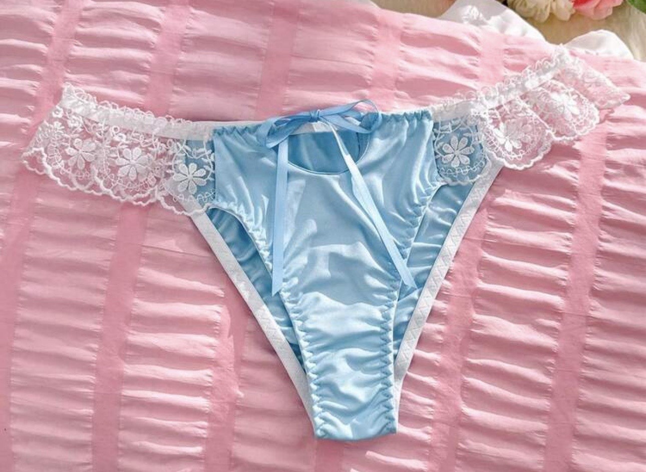 Soft Lt. Blue Satiny Ruffled Floral Lace Front Tie Bikini Panties XL NEW