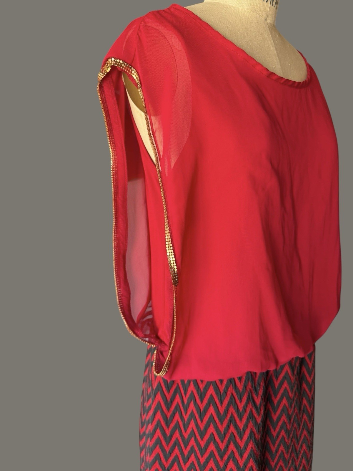 Vintage Celine by Champion Dress Red with Chevron Pattern Gold Trim