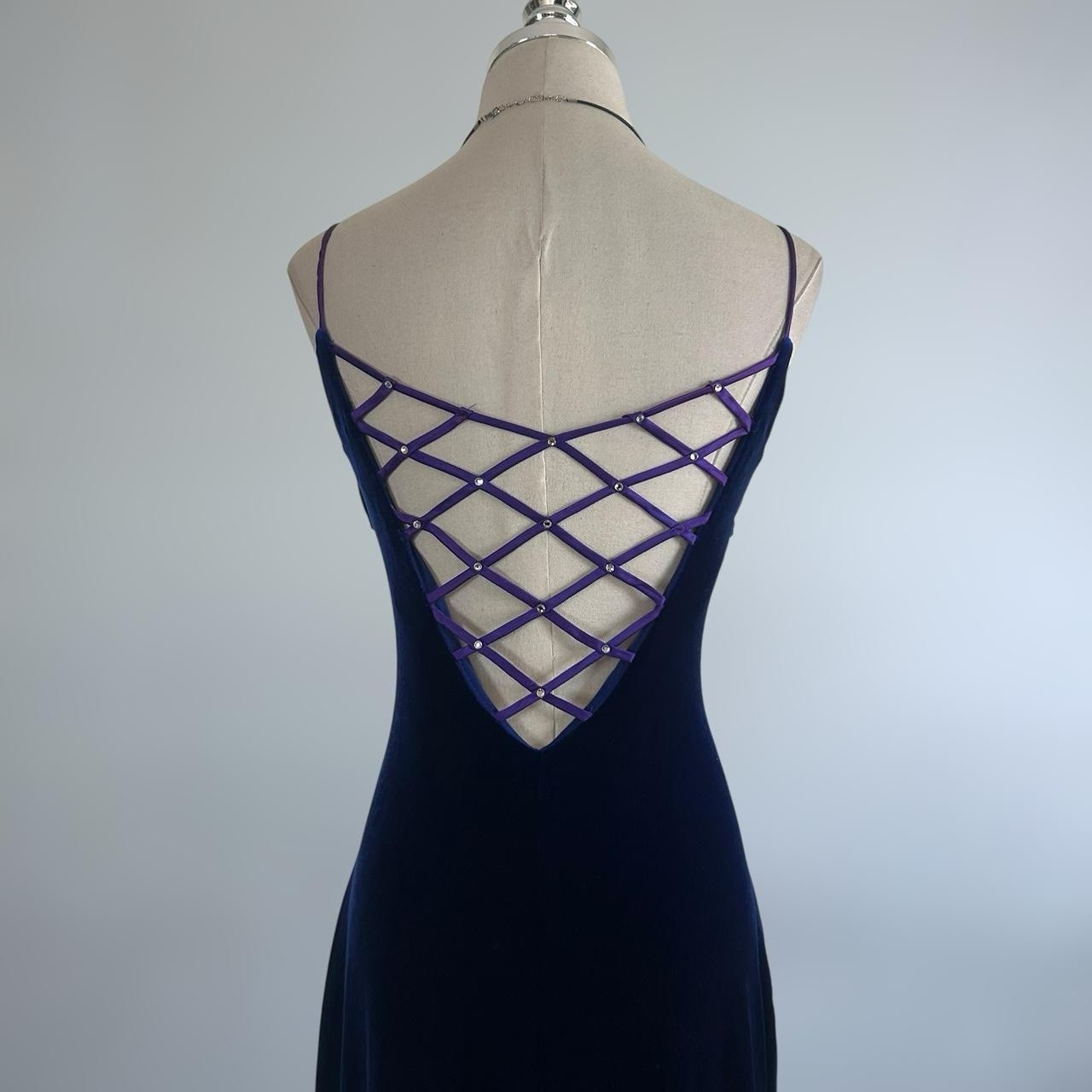 Vintage 90s Y2k Niki Livas Whimsygoth Purple Crossback Velour PROM Maxi Gown