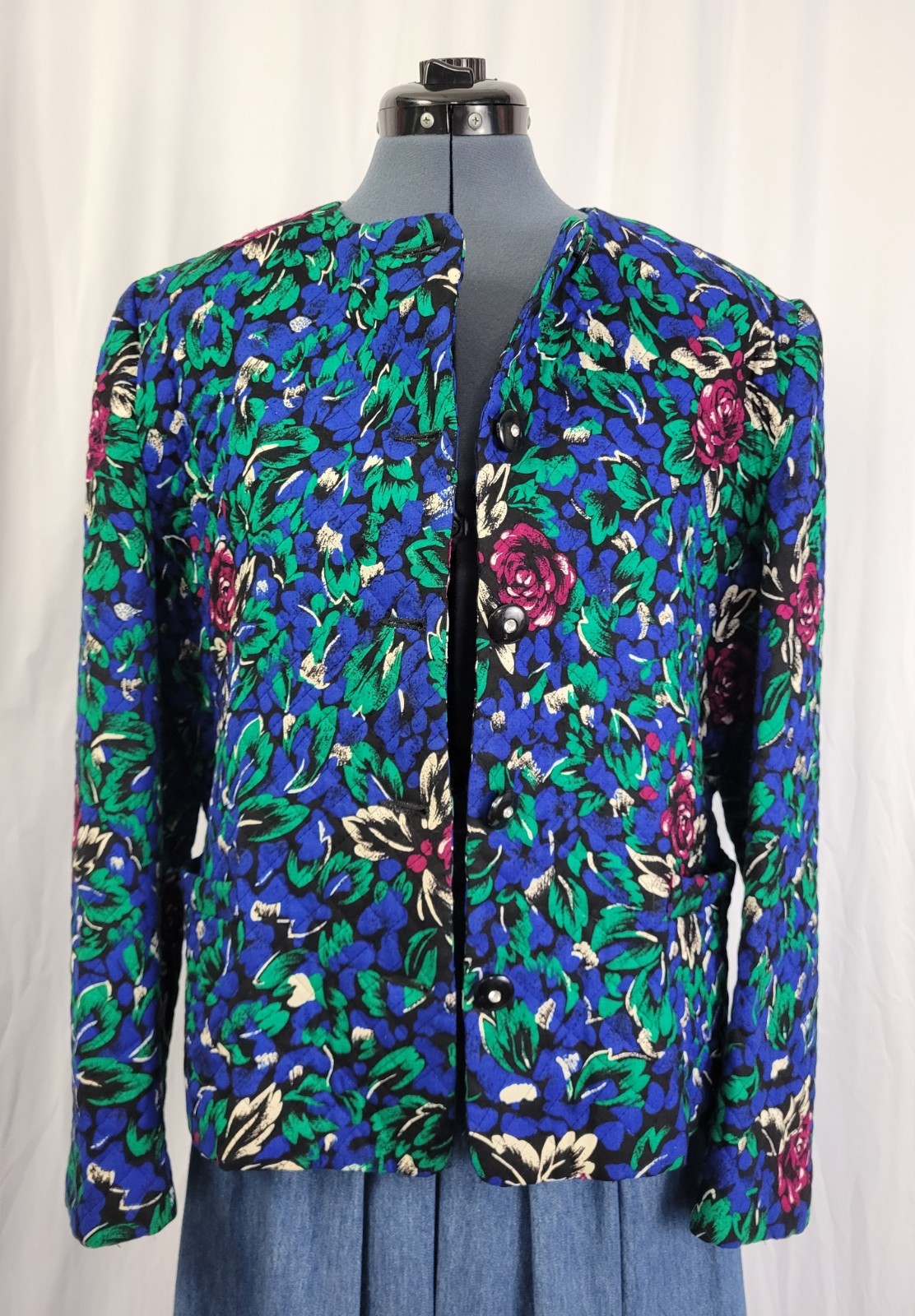 Vtg Stephen Douglas Ltd Blue & Green w Purple Flowers Quilted Jacket Size 14