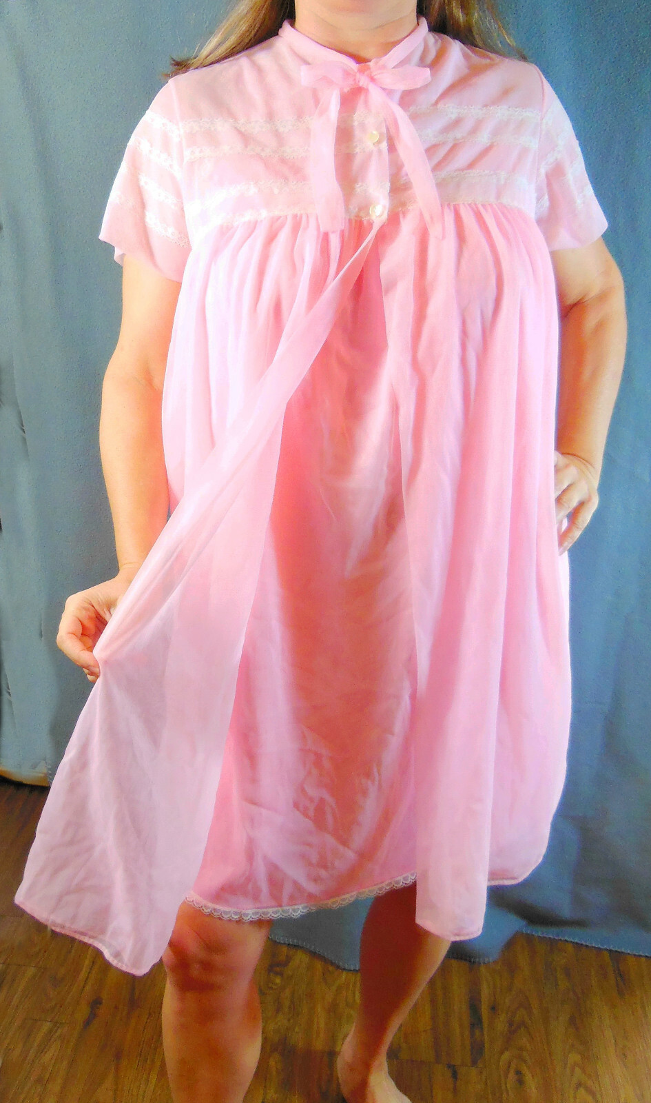 RARE!!! AVIAN PINK DOUBLE LAYER LACY CHIFFON NIGHTGOWN&ROBE 2 PC SET M NEW