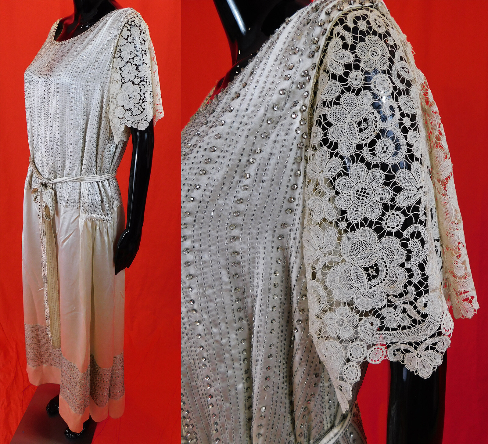 Vintage Gimbel Brothers Paris White Lace Silk Beaded Belt Flapper Wedding Dress