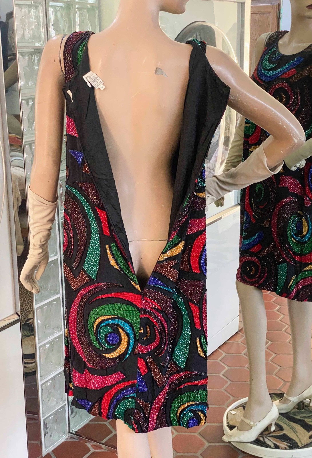 VTG 70s Black Silk Multicolor Psychedelic Beaded Dress 10 Unique A LINE